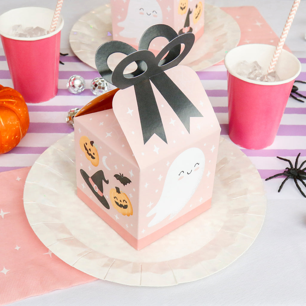 Big Dot of Happiness Pastel Halloween - Square Favor Gift Boxes - Pink Pumpkin Party Bow Boxes - Set of 12