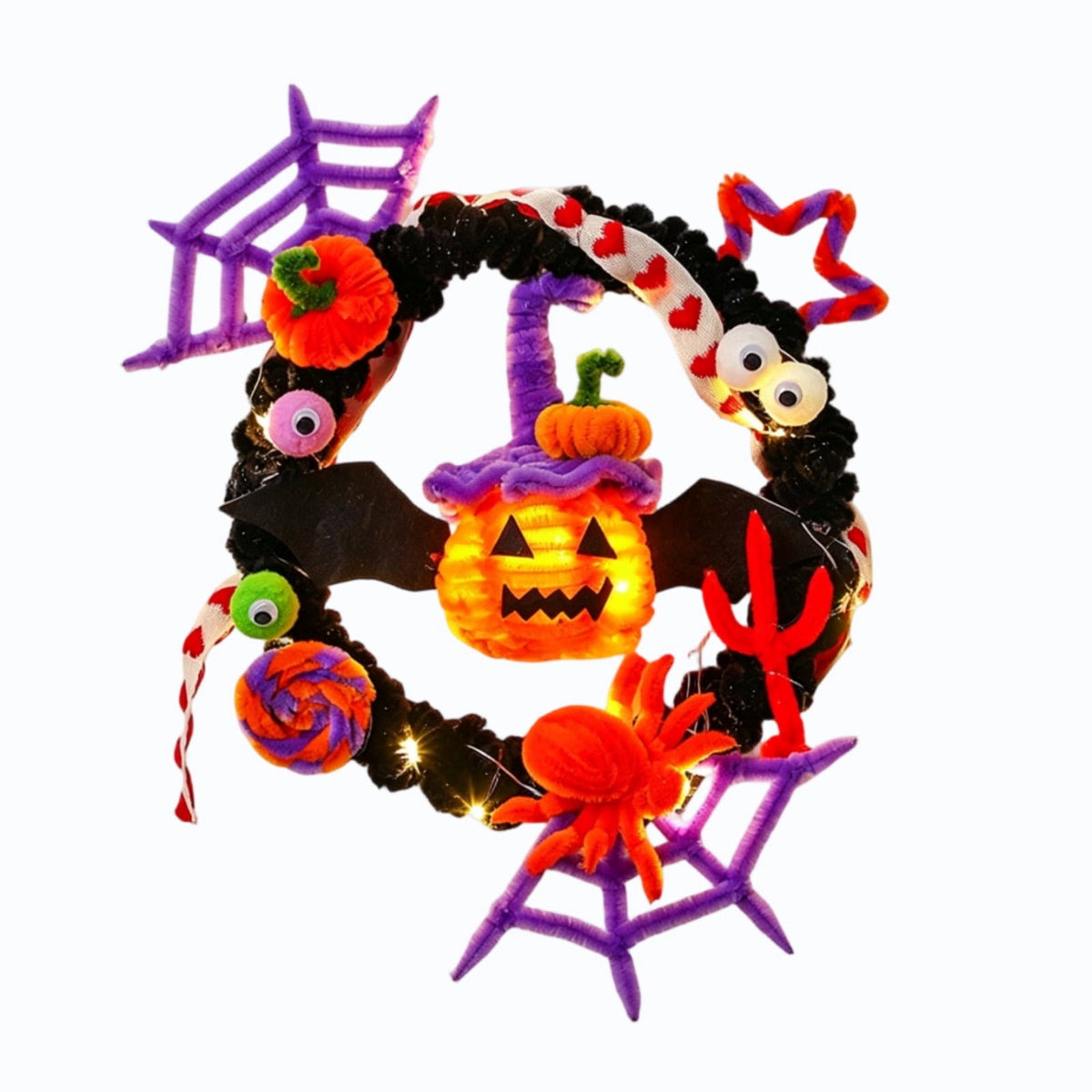 WWC Halloween Wreath, Orange LED Pumpkin and Bats Wreath, Gothic Halloween Decorations Wreath for Front Door, Indoor Outdoor Party Decor