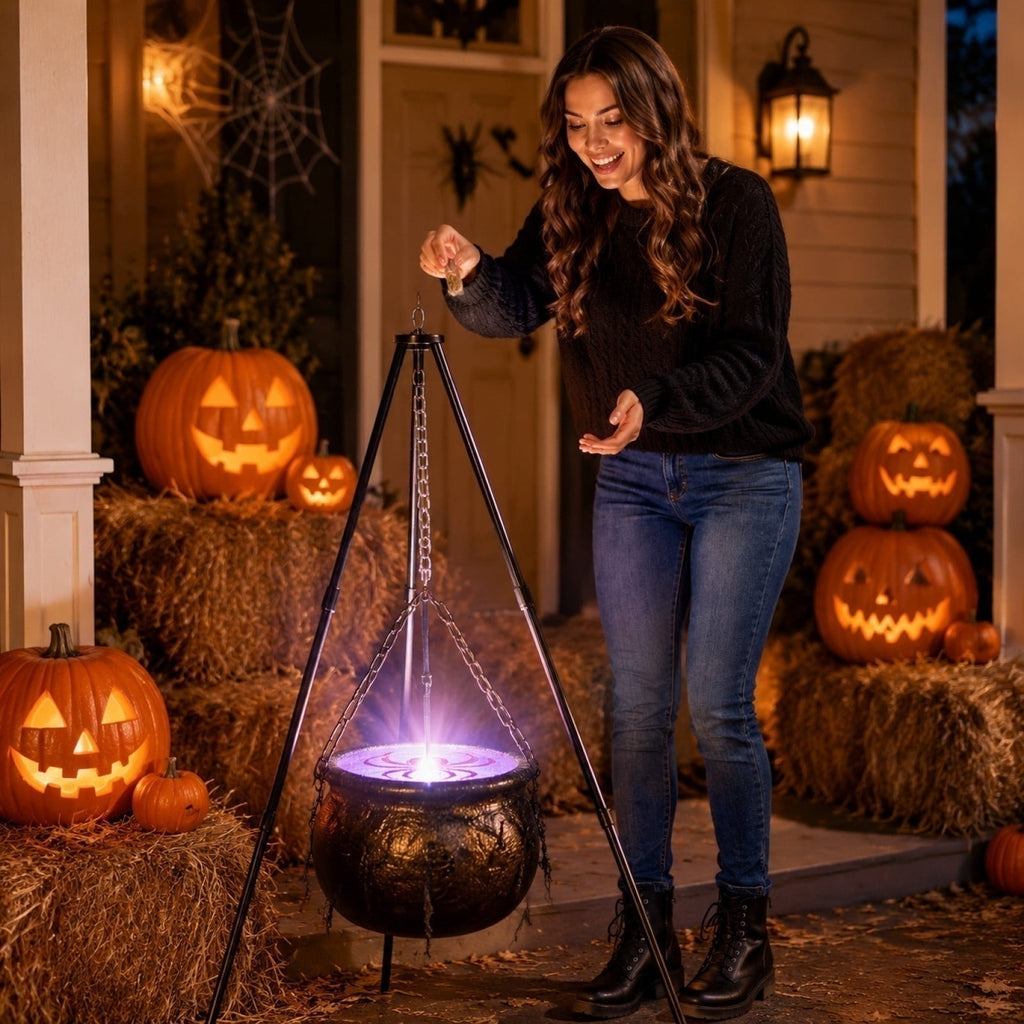 EWASWON Halloween Cauldron with Lights and Sound, LED Light-Up Spooky Witch Brew Pot Decoration for Indoor Outdoor Home Mantel Kitchen Party