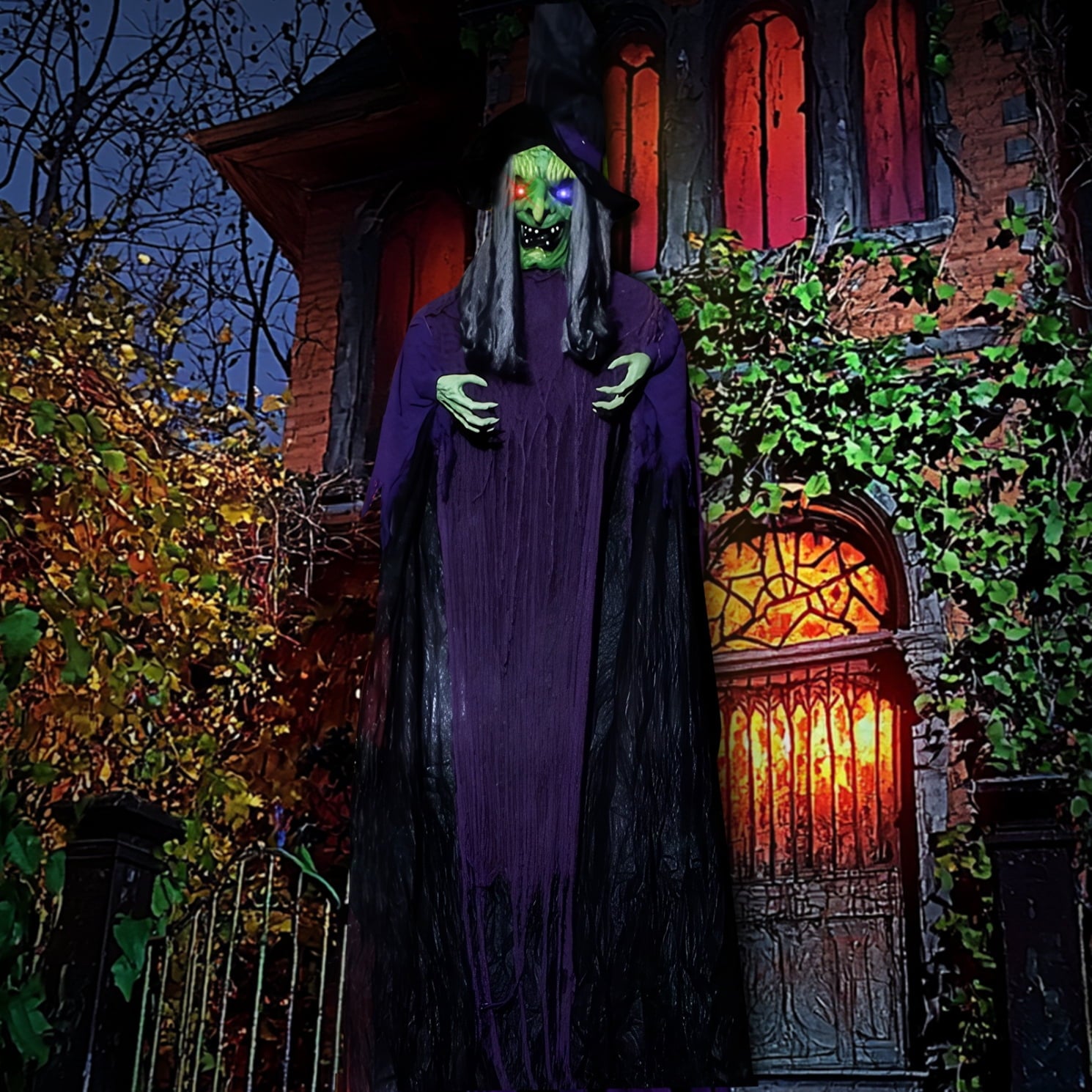 11.8ft Halloween Animatronics Hanging Witch Outdoor Decoration, Sound Animated Talking Witch with Light-up Eyes for Haunted House Prop Décor, Yard Lawn Decorations