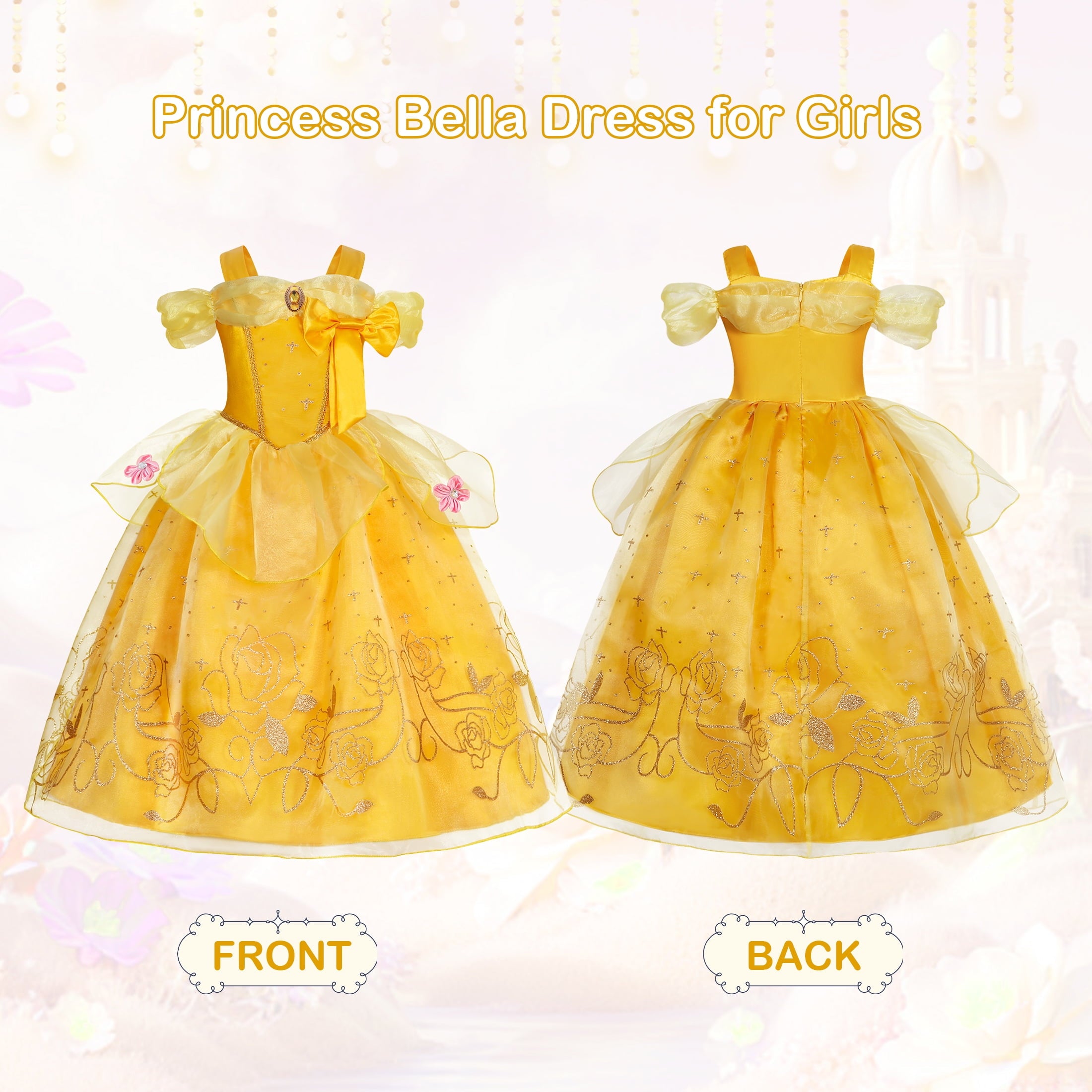 Jurebecia Princess Dress for Girls Costume Kids Off Shoulder Layered Toddler Halloween Cosplay Birthday Party Outfit up Yellow 120 cm 5-6 Years