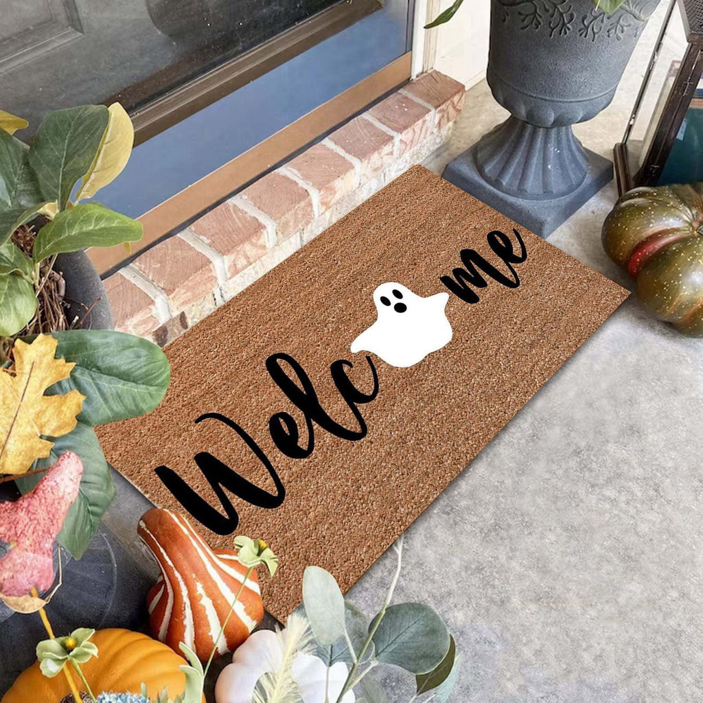 Zhourta Halloween Fall Plaid Outdoor Rug Orange Plaid Outdoor Rug Cotton Hand Woven Check Rug Layered Doormats for Front Door Front Porch Farmhouses Entryway Patio 15.7x23.6 Inch