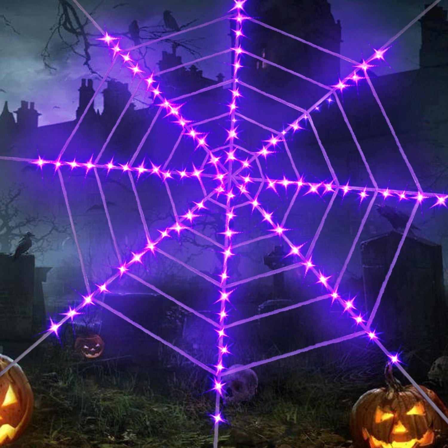 Innens 11.8ft Halloween 144 LED Purple Spider Web Lights with 35" Giant Spider Light up Cobweb Halloween Decorations for Indoor Ourdoor Garden Yard Home Patio (Black, 1Pc)