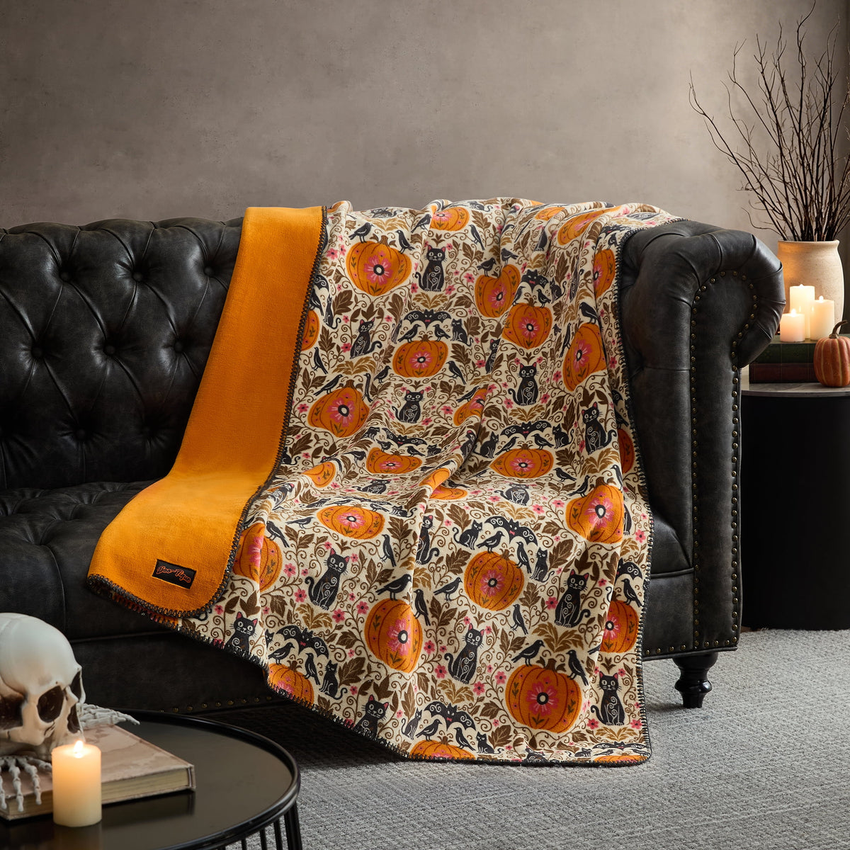 Boo-tique Halloween Plush Soft Oversized Couch Throw Blanket, Cats and Pumpkins, Orange, 50 x 72 in