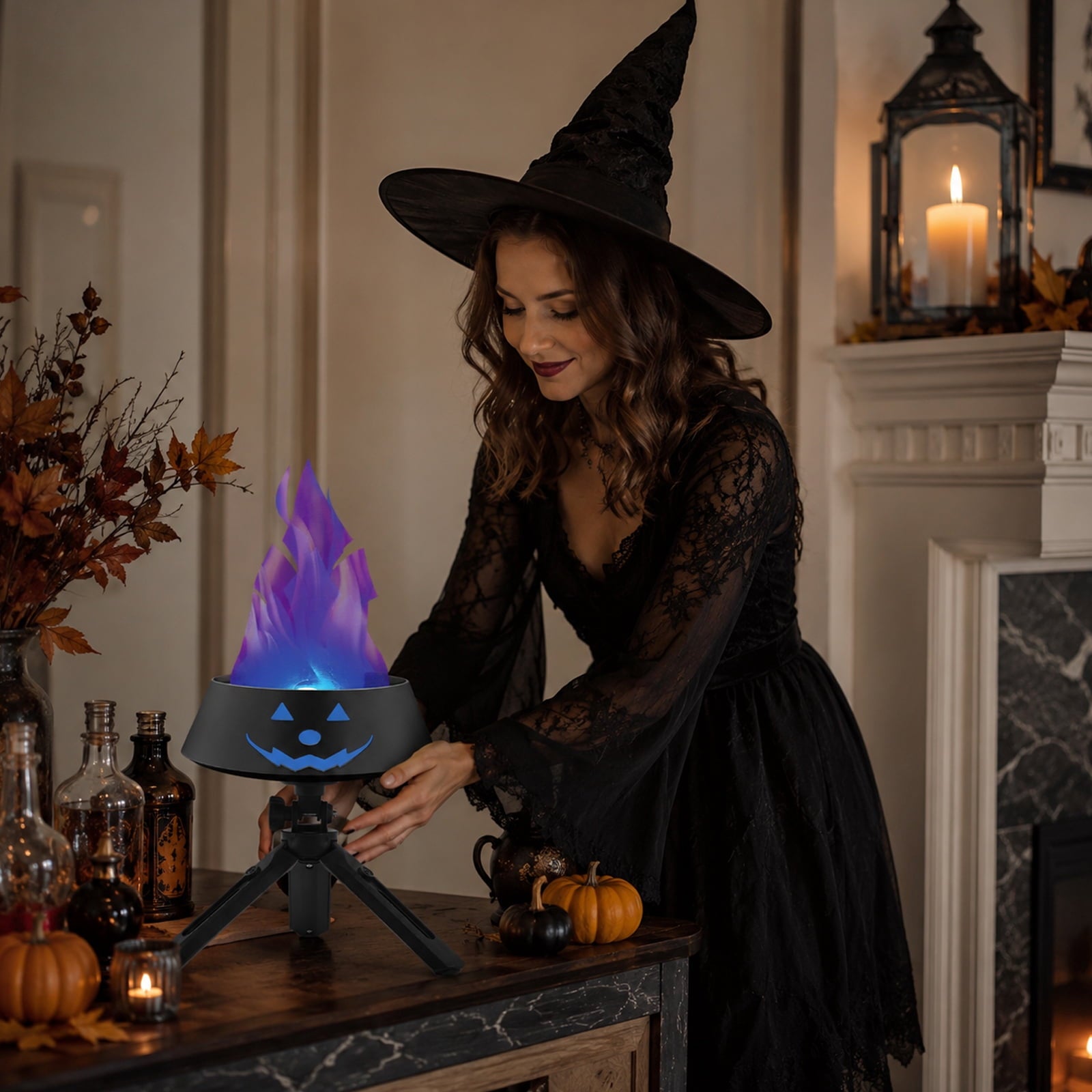 Halloween Pumpkin Flame Light Decoration, Simulated Pumpkin Lamp Desktop Ornament for Home Yard Garden Indoor Outdoor Party Lighting (Black)