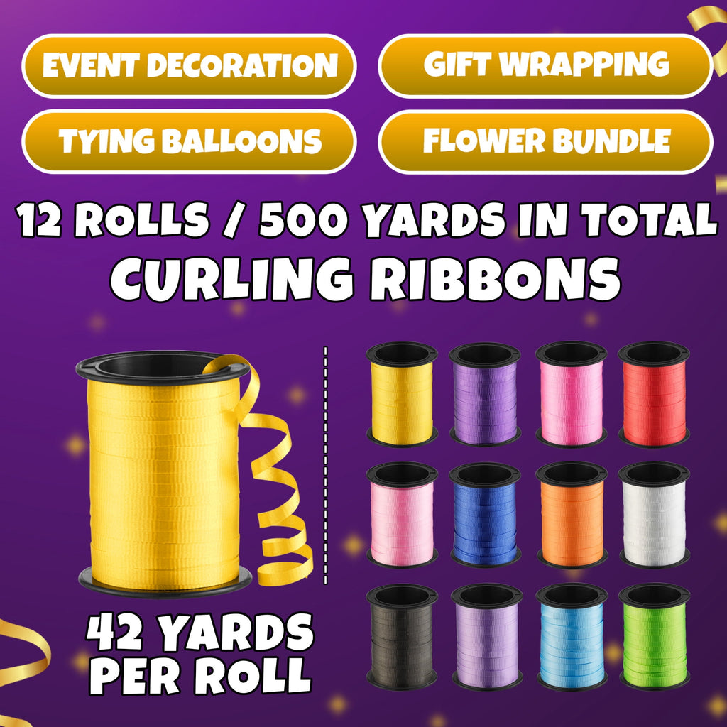 Bedwina Curling Ribbon Set, 12 Rolls, 3/16 in x 125 ft per Roll, Assorted Colors, Gift Wrapping & Balloon String for Crafts, Bows & Party Decorations