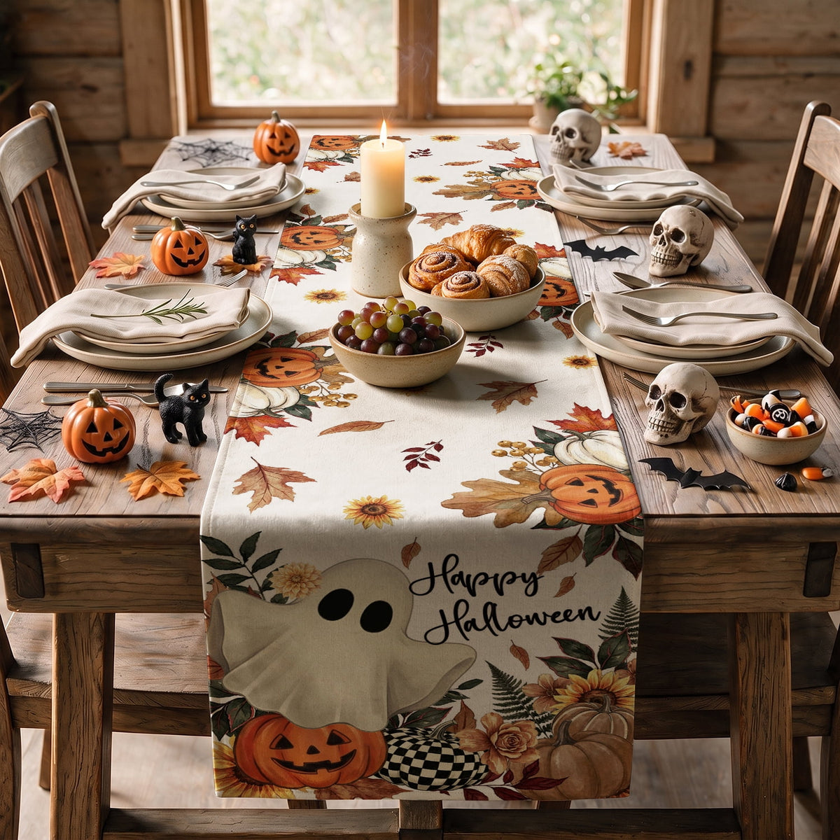 Sm:)e Halloween Table Runner Ghost Pumpkin 13x72 Inch, Halloween Party Kitchen Dining Indoor Outdoor Decorations,Orange