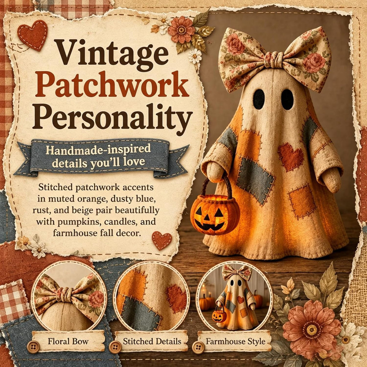 Lighted Vintage Patchwork Ghost, Light Up Ghost with Pumpkin Lantern Halloween Decor, Vintage Halloween Patchwork Ghosts Lamp, for Mantel Shelf Entryway Porch