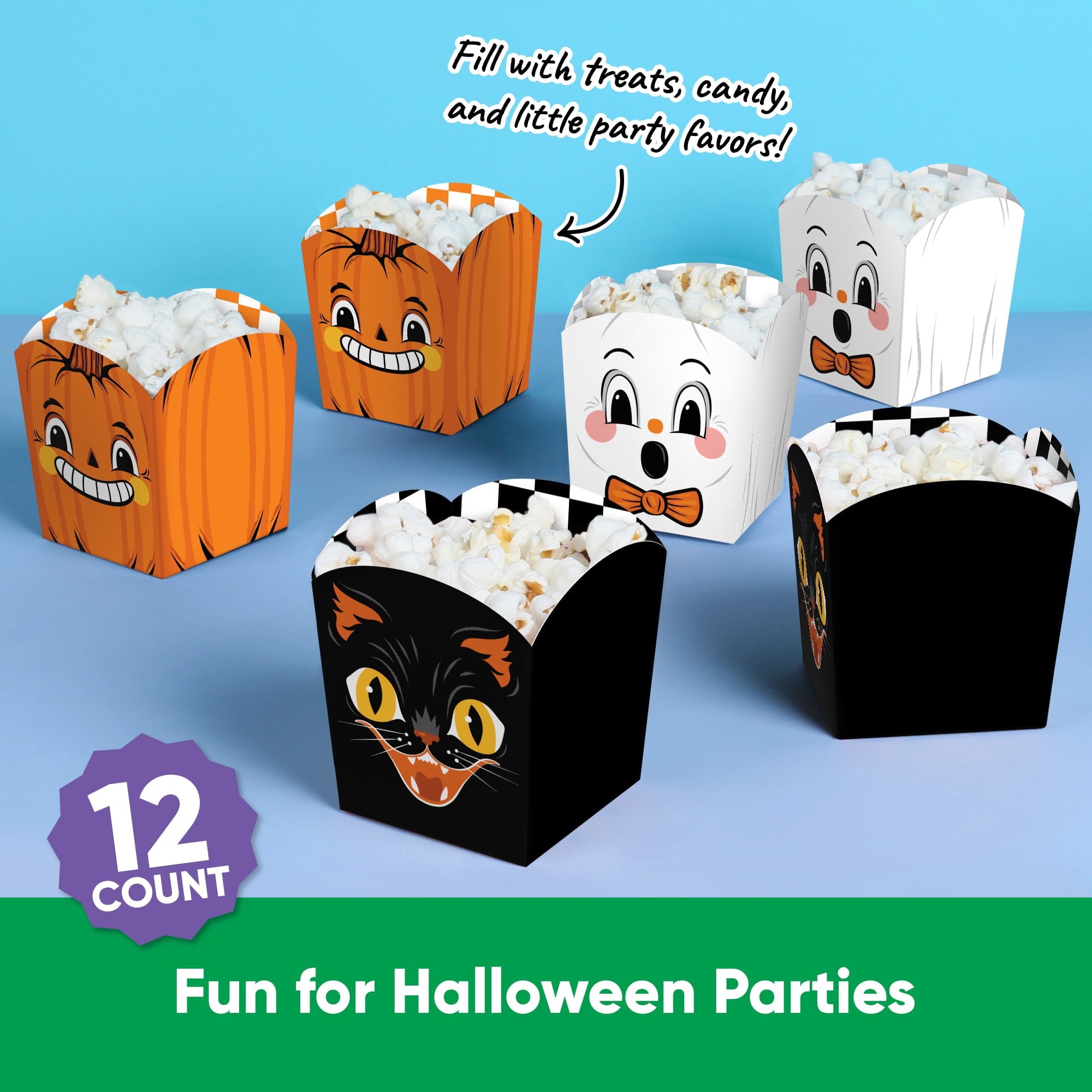 Big Dot of Happiness Vintage Halloween Treat Boxes, Small Halloween Party Favor Holders, Disposable Paper Containers for Desserts or Snacks - Set of 12