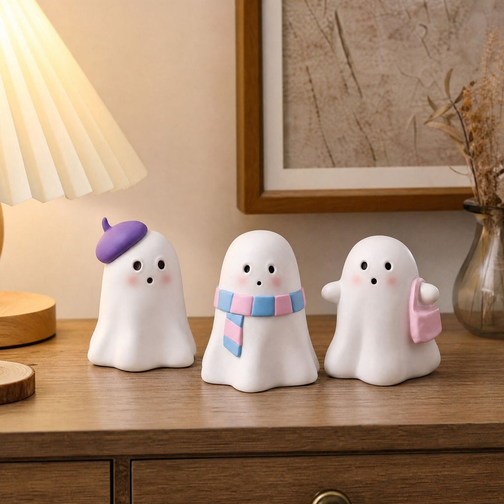 Pink Halloween Decor Ghost Candy Bowl Figurine with Bow and Scalloped Holder for Indoor Tabletop Decor and Party Favor Display