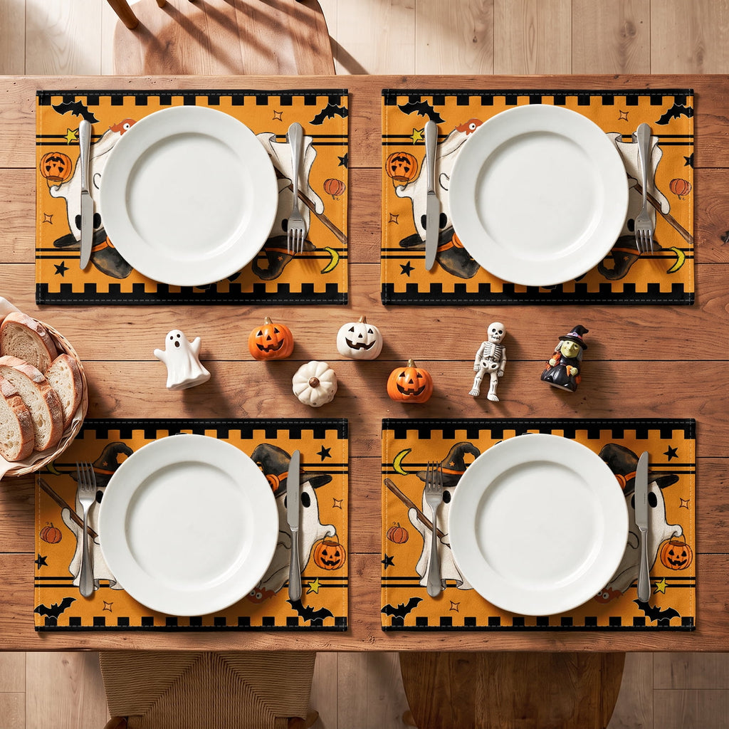 Smile Jack-O'-Lantern Spider Web Halloween Table Placemats Set of 4 Round 15 Inch Black