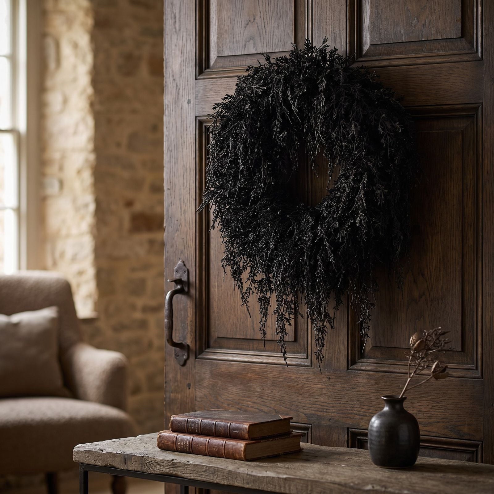 Drapey Faux Cedar Wreath,Halloween Wreath, Draped Foliage Front Door Wreath, Indoor Outdoor Weather Resistant Gothic Porch Wall Decor for Halloween Seasonal Decoration,Black, 16"