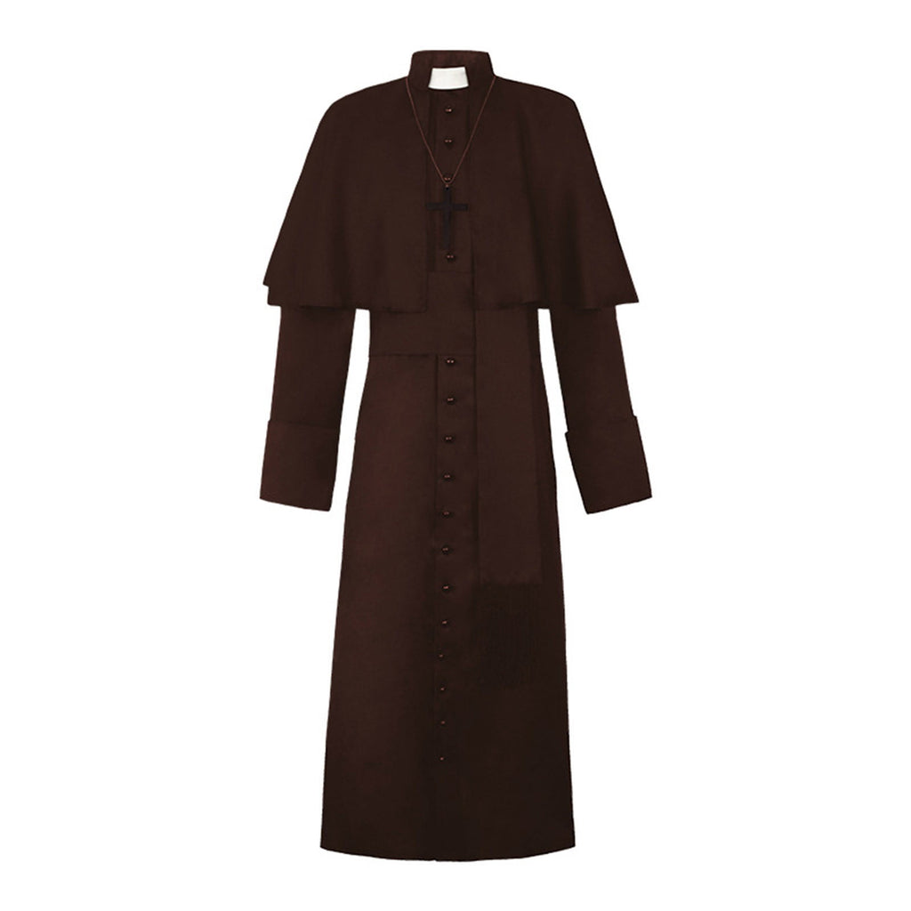 JOANKDMI Catholic Priest Costume for Men Clergy Cassock Robe with Capelet and Sash Halloween Party Outfit Religious Father Minister Fancy Dress for Men
