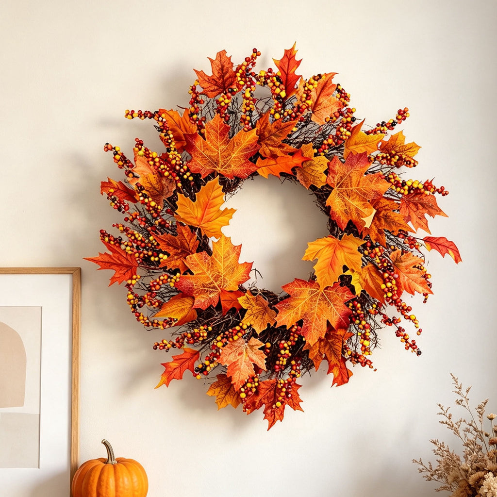 HOARBOEG Handmade Wrought Iron Maple Leaf Wreath, Thanksgiving Rudolph Fall Harvest Door Hanging, Orange Metal Autumn Wreath with Berries, Garden Wall Decor, 15.75 in