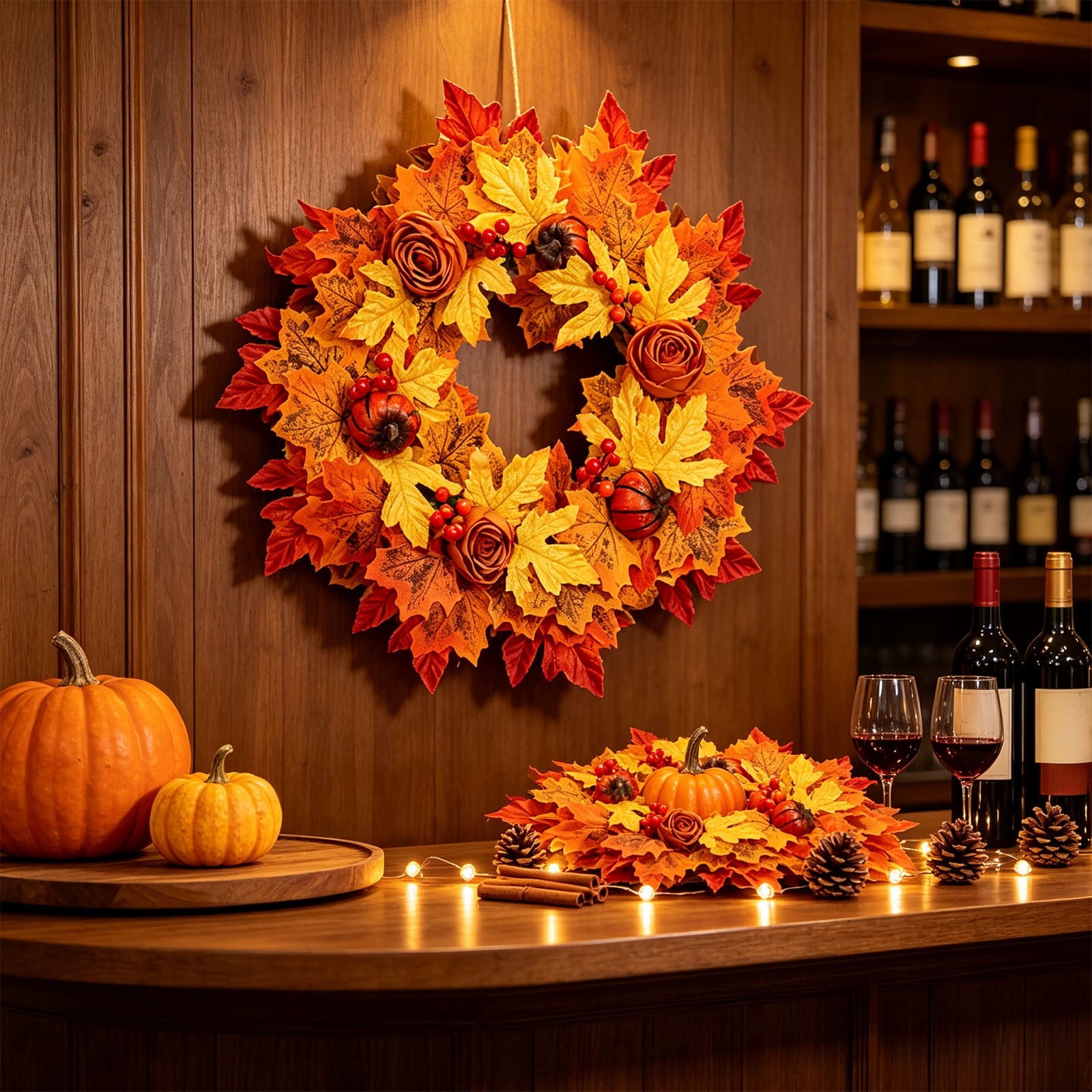 HOARBOEG Autumn Harvest Sunflower Wreath, Artificial Pumpkin Maple Leaf Fall Wreath for Front Door, 21.65 in Thanksgiving Wall Hanging Decor, Outdoor Indoor Harvest Decor