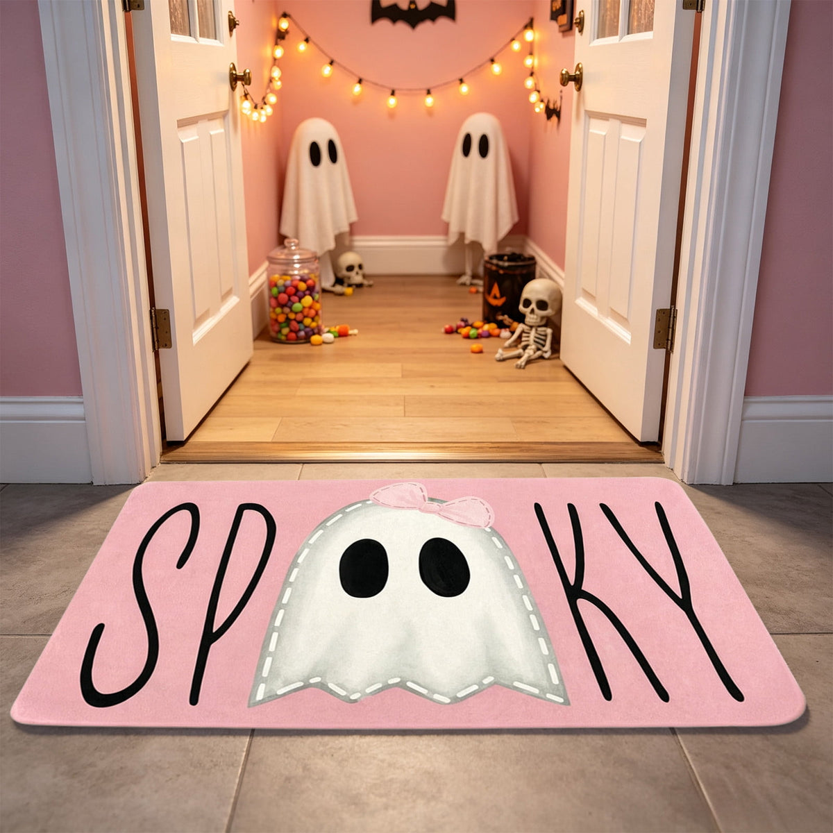 Pink Halloween Decor Ghost Candy Bowl Figurine with Bow and Scalloped Holder for Indoor Tabletop Decor and Party Favor Display