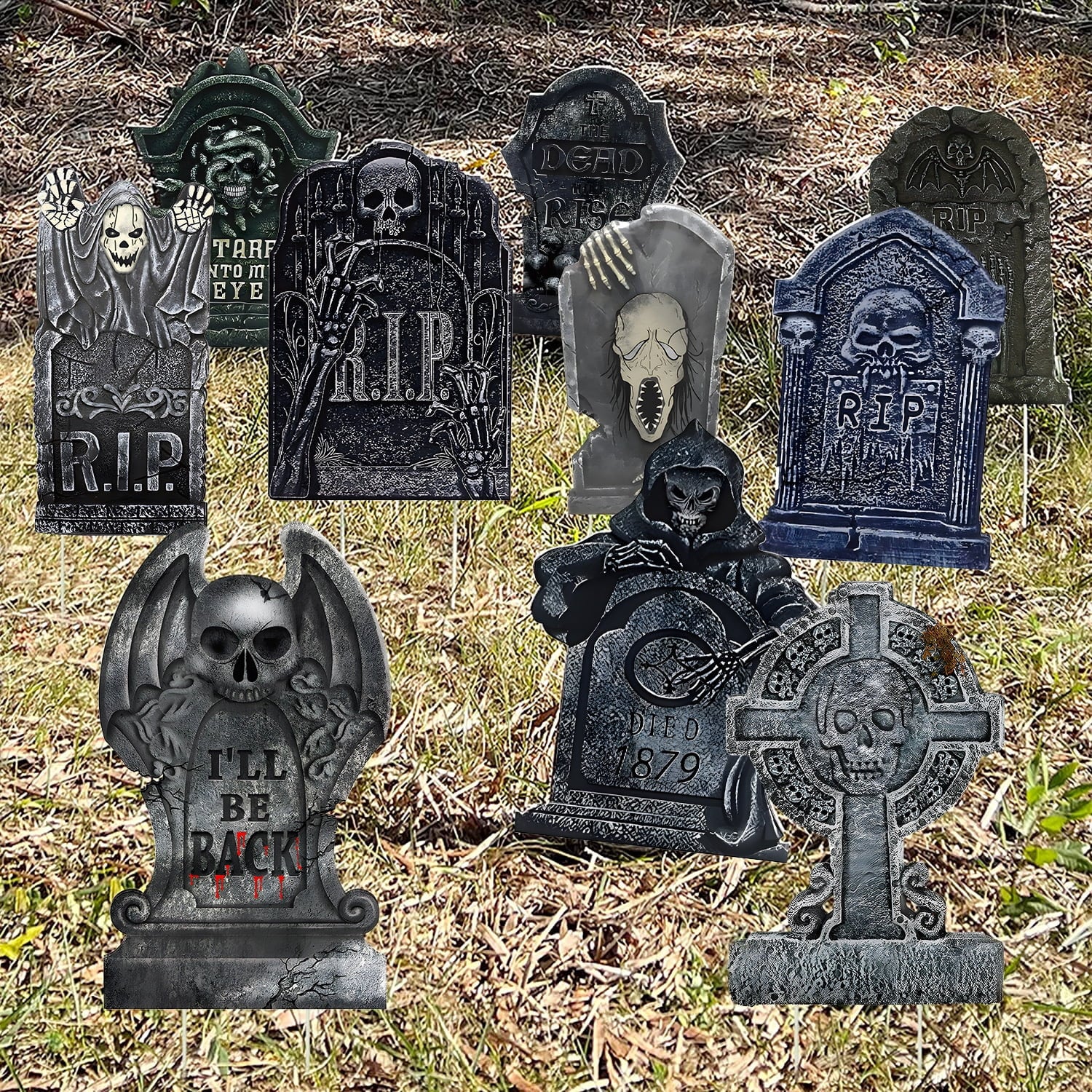 Gamexcel Halloween Gravestone Yard Signs, 10 Pack Tombstone Decorations with Stakes for Lawn, Garden and Haunted House