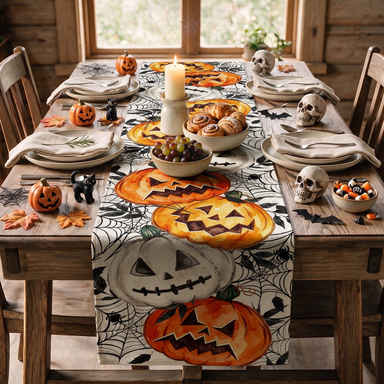 Smile Jack O Lantern Pumpkin Ghost Spider Halloween Table Runner 13 x 72 Inch
