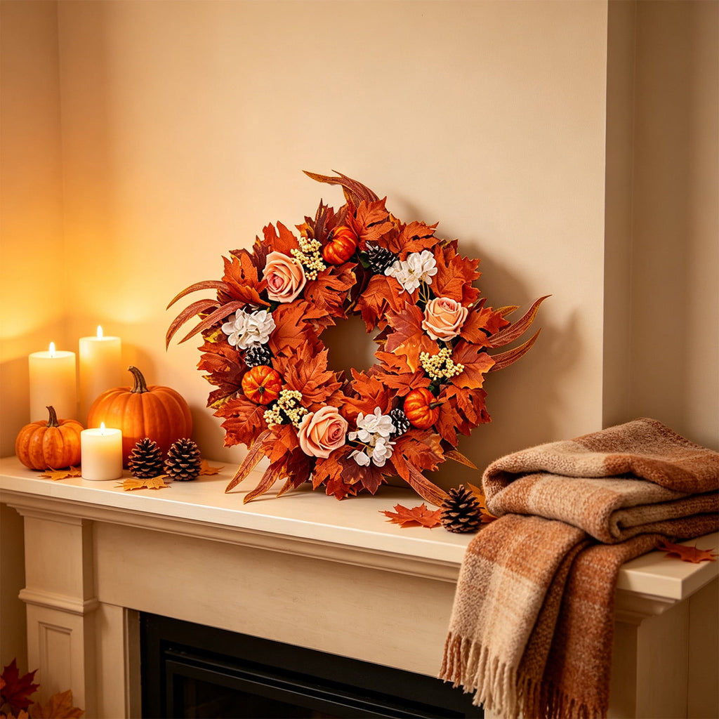 HOARBOEG Handmade Wrought Iron Maple Leaf Wreath, Thanksgiving Rudolph Fall Harvest Door Hanging, Orange Metal Autumn Wreath with Berries, Garden Wall Decor, 15.75 in