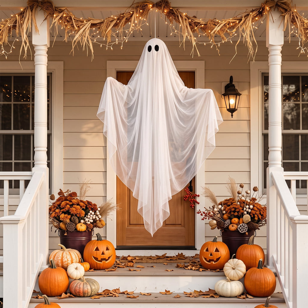 Ayieyill Halloween Ghost Decor with Warm White LED Light, 47” Light up Hanging Ghost Halloween Yard Porch Decorations Outdoor