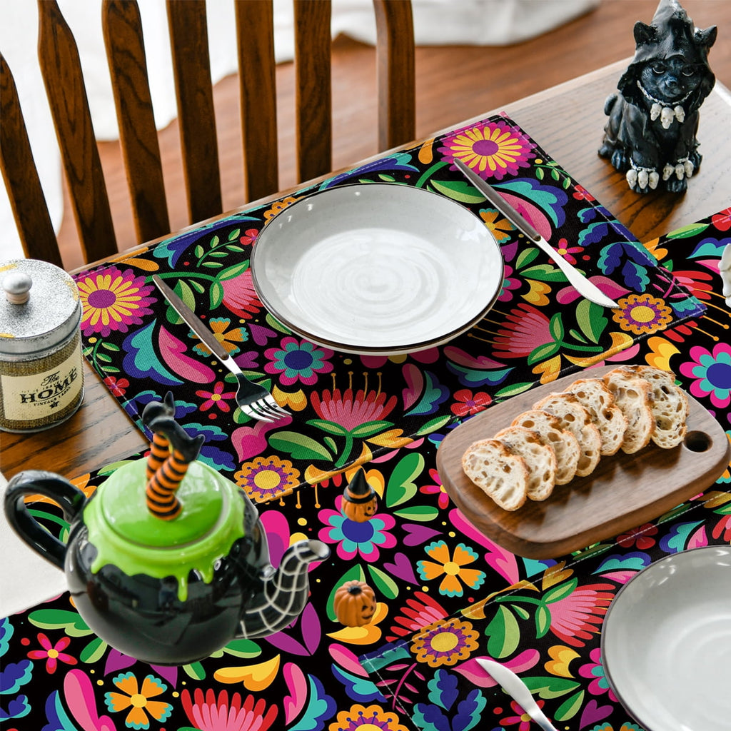 Sm:)e 13"x72" Black Floral Dia De Los Muertos Serape Table Runner, Polyester, Mexican Fiesta Design, Party Kitchen Dining Decoration