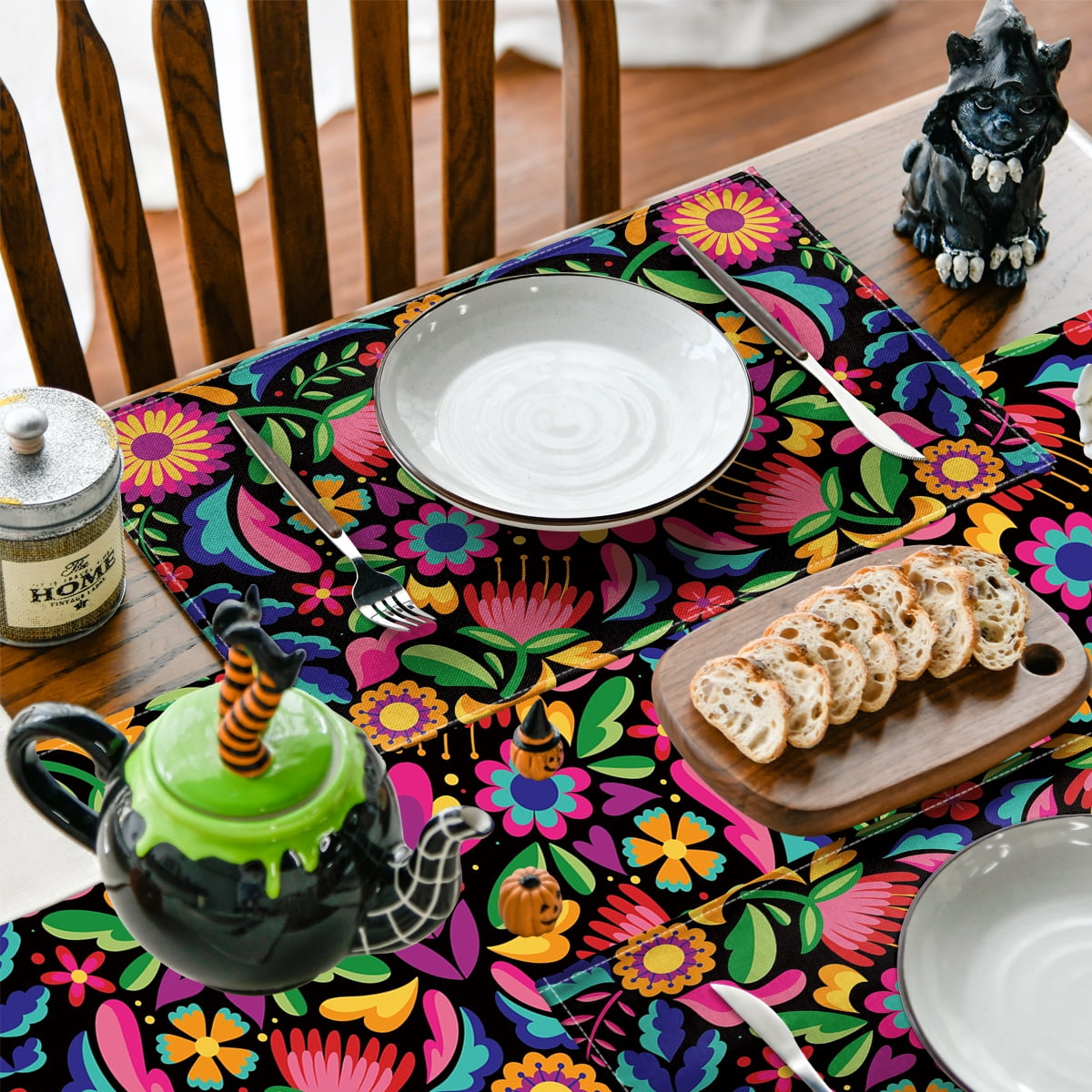 Sm:)e 13"x72" Black Floral Dia De Los Muertos Serape Table Runner, Polyester, Mexican Fiesta Design, Party Kitchen Dining Decoration