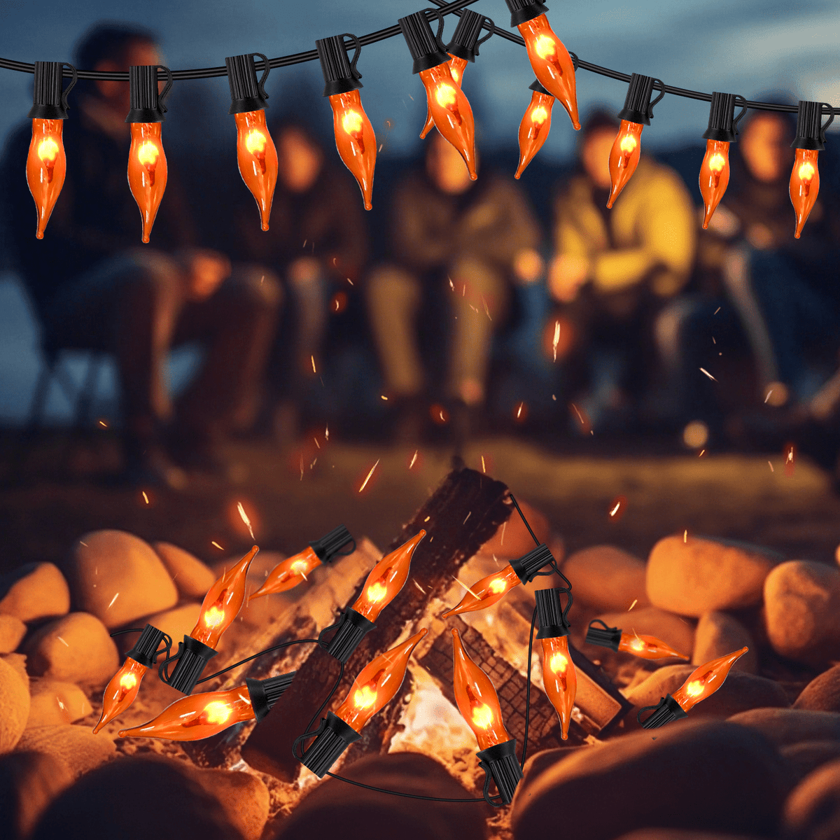 Halloween Lights Flickering Flame String Lights with 12 Pack C7 Orange Flame Light Bulbs (2 Spare), 12.8Ft Orange Flame String Lights for Indoor Outdoor Home Party Yard Halloween Decorations