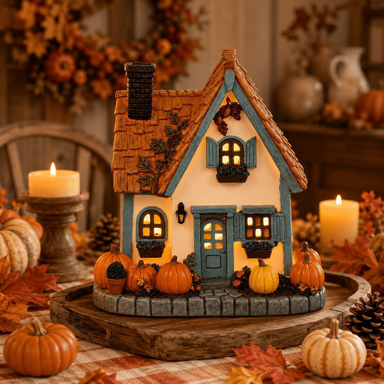 Fall Harvest Light Up Cottage House, LED Resin Pumpkin Autumn Halloween Thanksgiving Tabletop Decor with Warm Glow for Mantel Shelf Home Office Seasonal Decoration, 6" (1 PC)