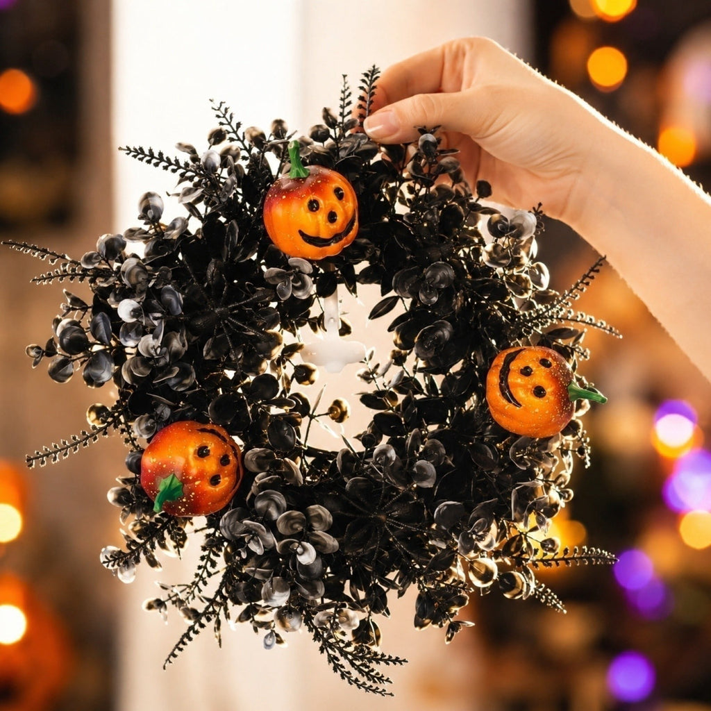 Boovnll Halloween Wreath, 18" Horror & Novelty Handmade Black Twig Glitter Bats Halloween Wreaths for Front Door Fireplace Wall Porch Party Decor, Halloween Decorations