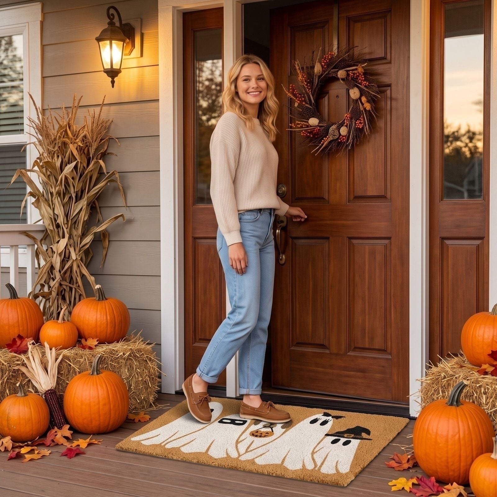 Halloween Ghost Door Mat 35.4 x 23.6 in, Washable Non Slip Crystal Velvet Rug, for Entryway Kitchen Bathroom and Halloween Decorations Outdoor