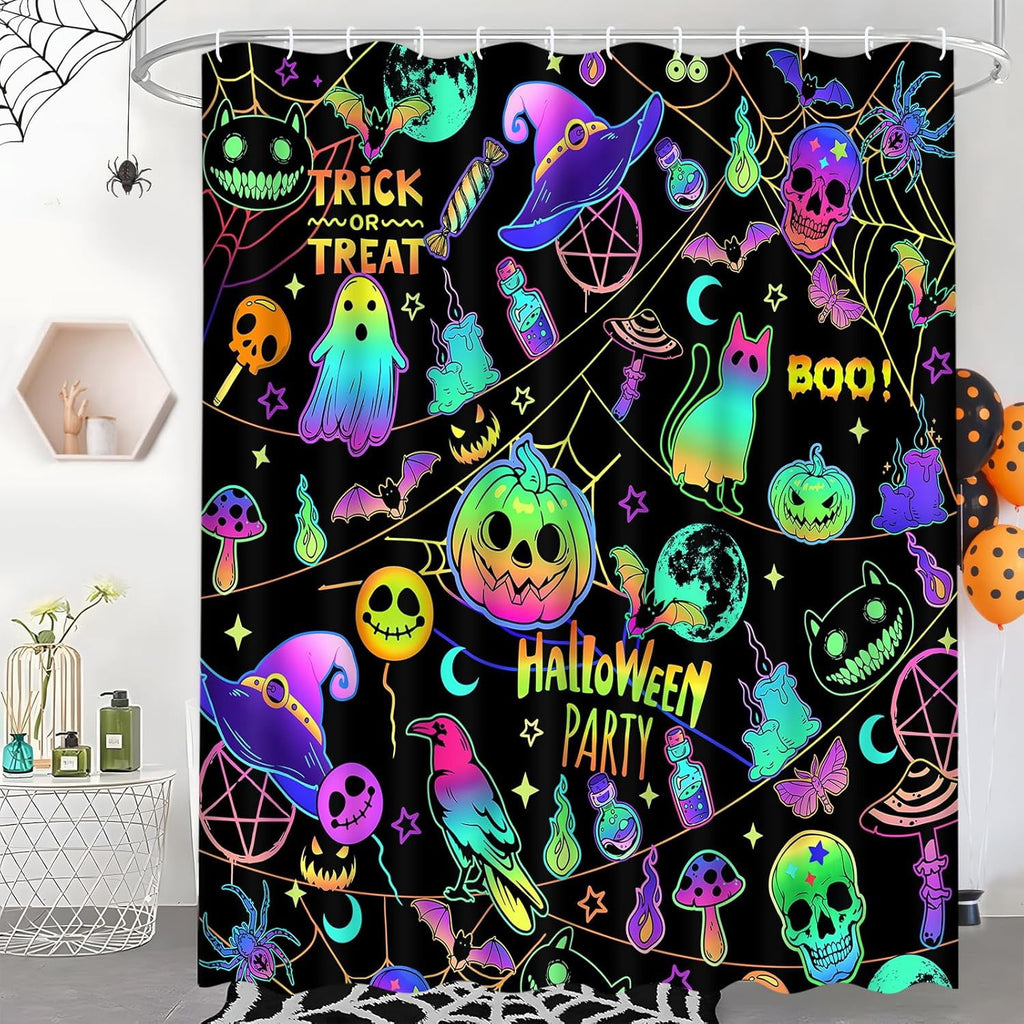 FRAMICS Halloween Shower Curtain Sets with Rugs, 16 Pc Pumpkin Spooky Ghost Bathroom Sets, Black Waterproof Fabric Shower Curtain with 12 Hooks and Toilet Rugs