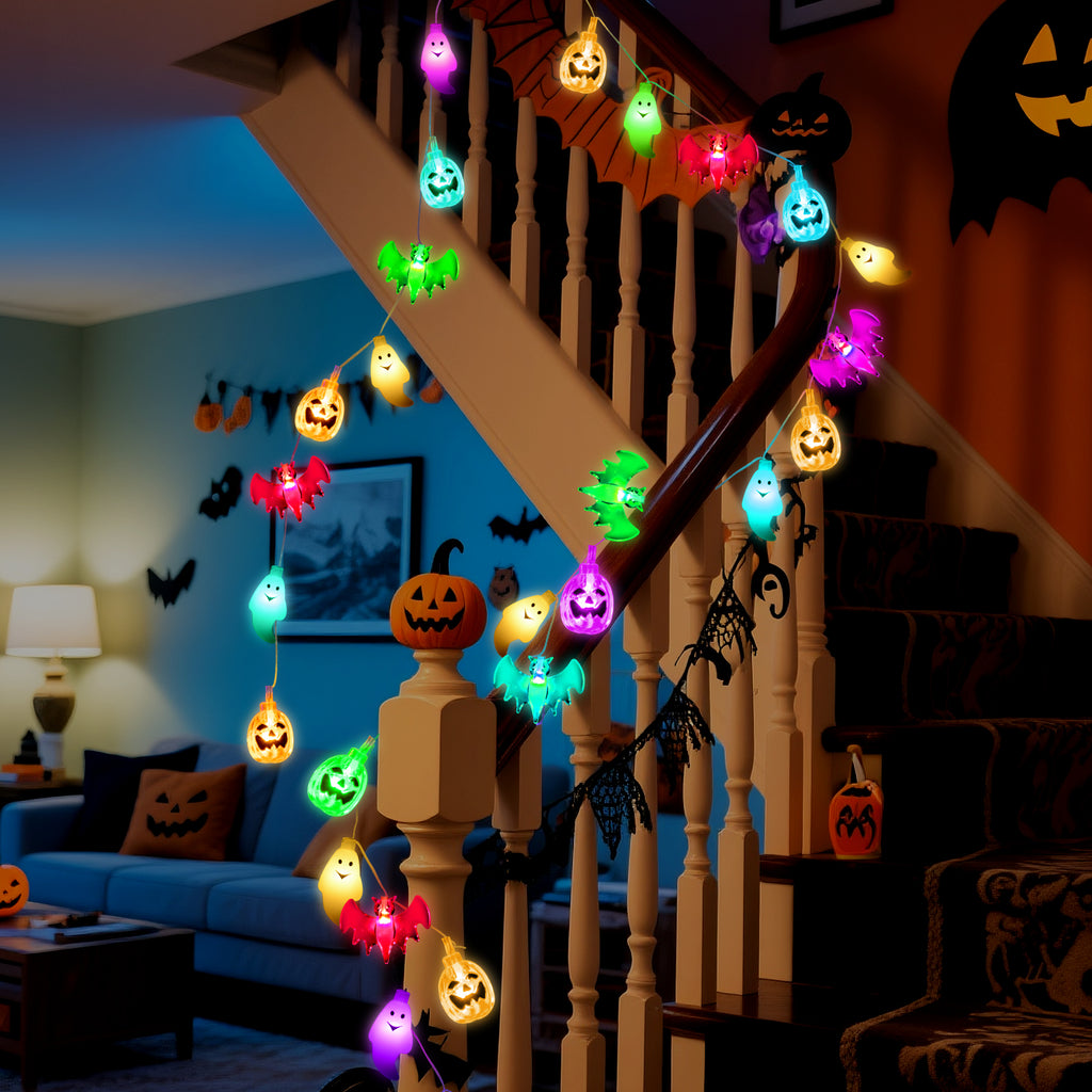 Oziral Halloween String Lights Decorations:Halloween Lights Indoor Outdoor 30 LED Battery Operated Waterproof Lights Remote 3D Pumpkin Bat Ghost Halloween Decorations for bedroom Party Yard Garden