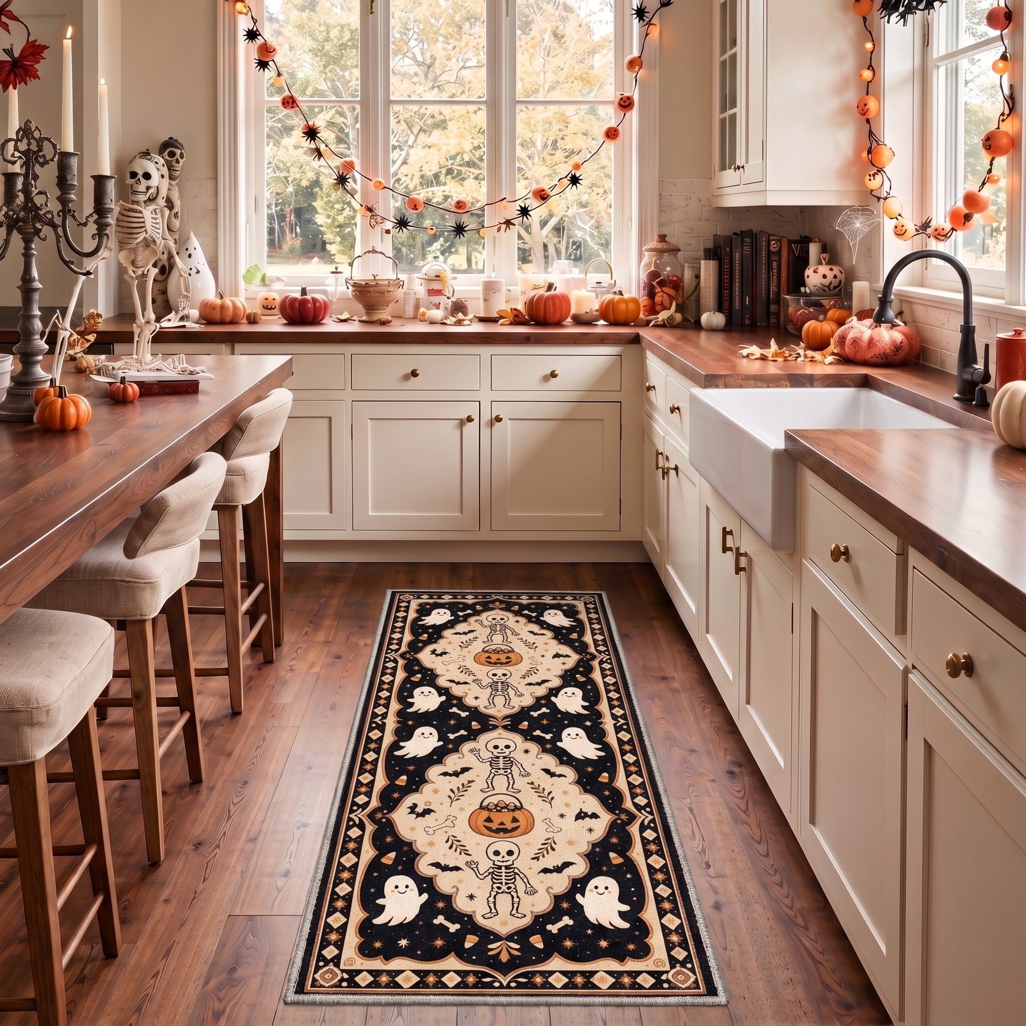 GENIMO 2'x7' Halloween Runner Rug, Washable Non Slip Soft Vintage Witch Indoor Outdoor Hallway Runner for Porch Patio Kitchen Entryway, Retro Sepia