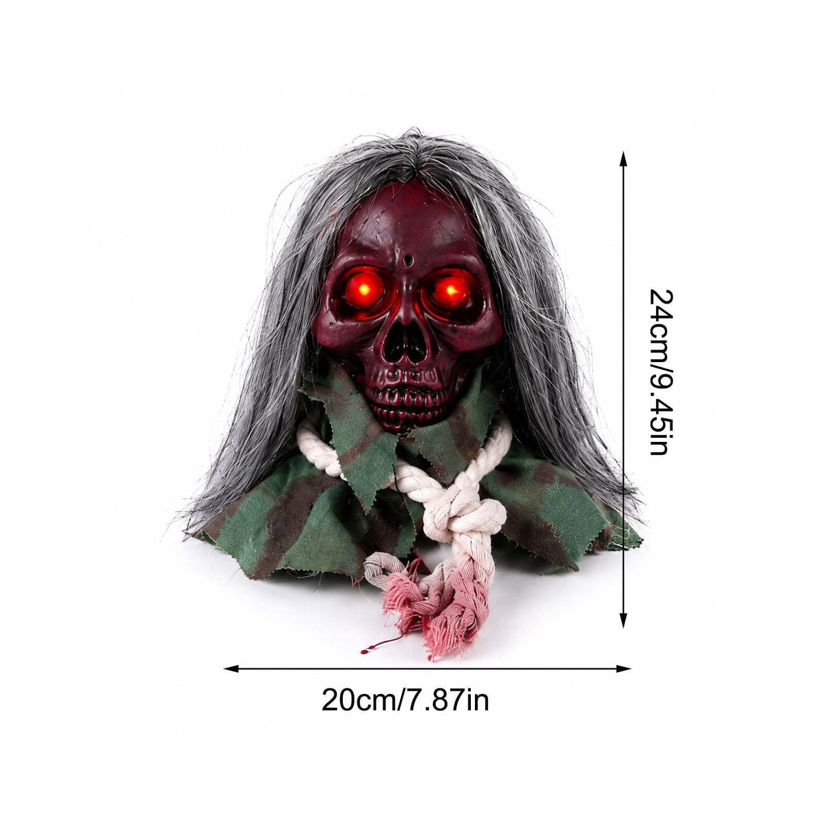 Animated Walking Skull Head with Light-Up Red Eyes Creepy Moving Halloween Prop with Long Grey Hair Horror Music Motorized Resin Decoration for Party Yard Indoor Outdoor Spooky Decor Gift