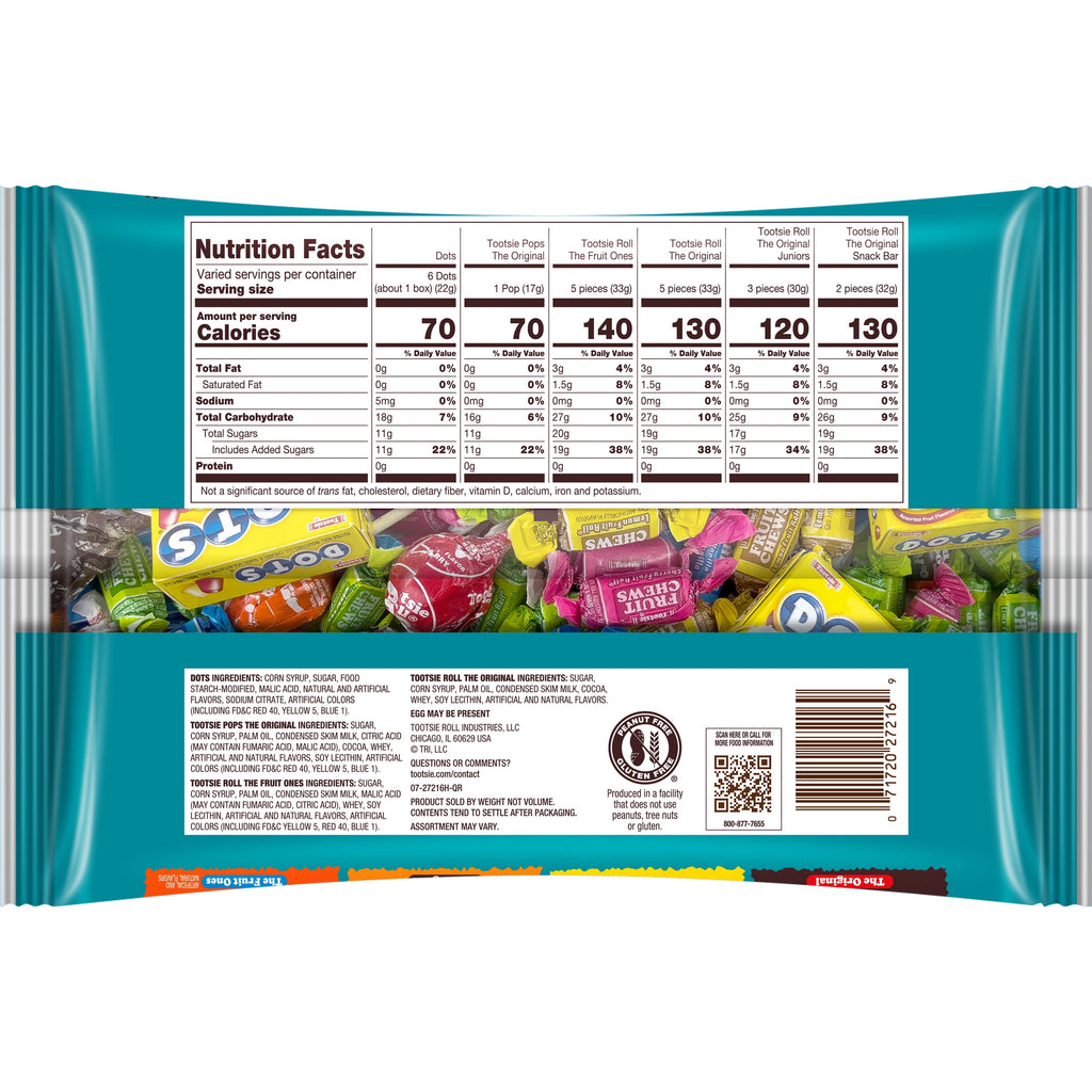 Tootsie Child's Play, Assorted Halloween Candy, Individually Wrapped, 16.2 oz. Peanut Free and Gluten Free. Contains Milk.