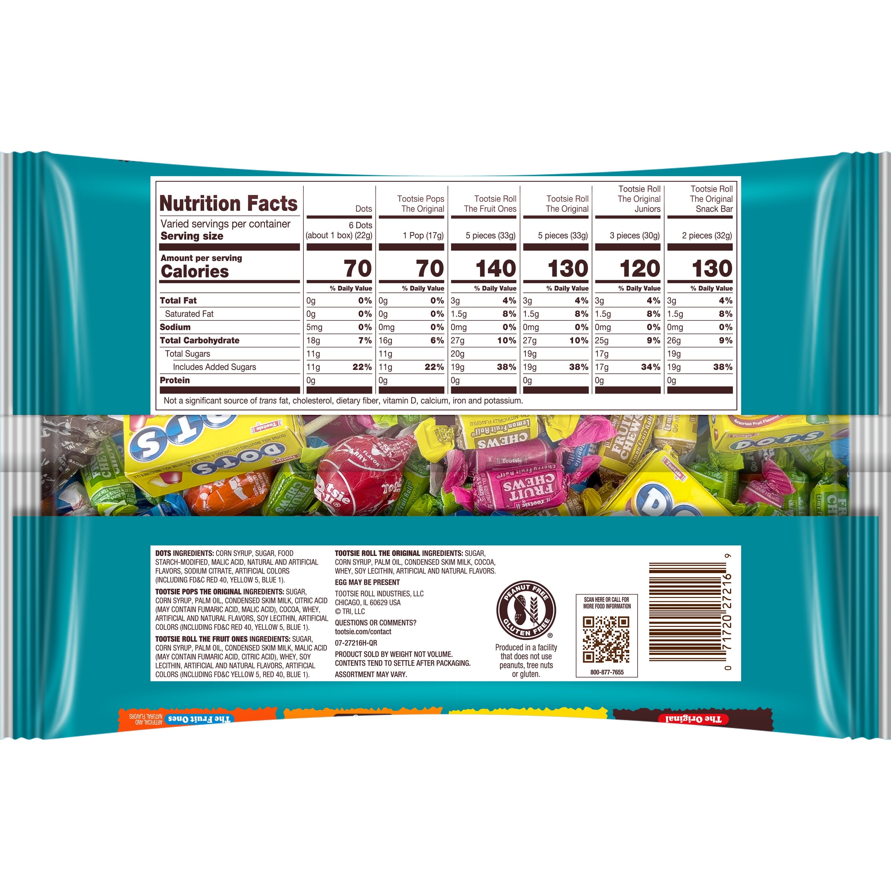 Tootsie Child's Play, Assorted Halloween Candy, Individually Wrapped, 16.2 oz. Peanut Free and Gluten Free. Contains Milk.