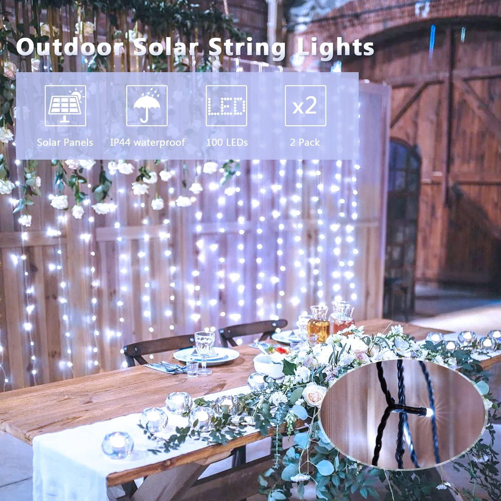 JMEXSUSS 2 Pack Solar String Lights Outdoor, 100 LED 42.7ft White Solar Lights Outdoor Waterproof, 8 Modes Green Wire Solar Christmas Lights for Garden, Wedding, Party, Christmas Tree Decoration