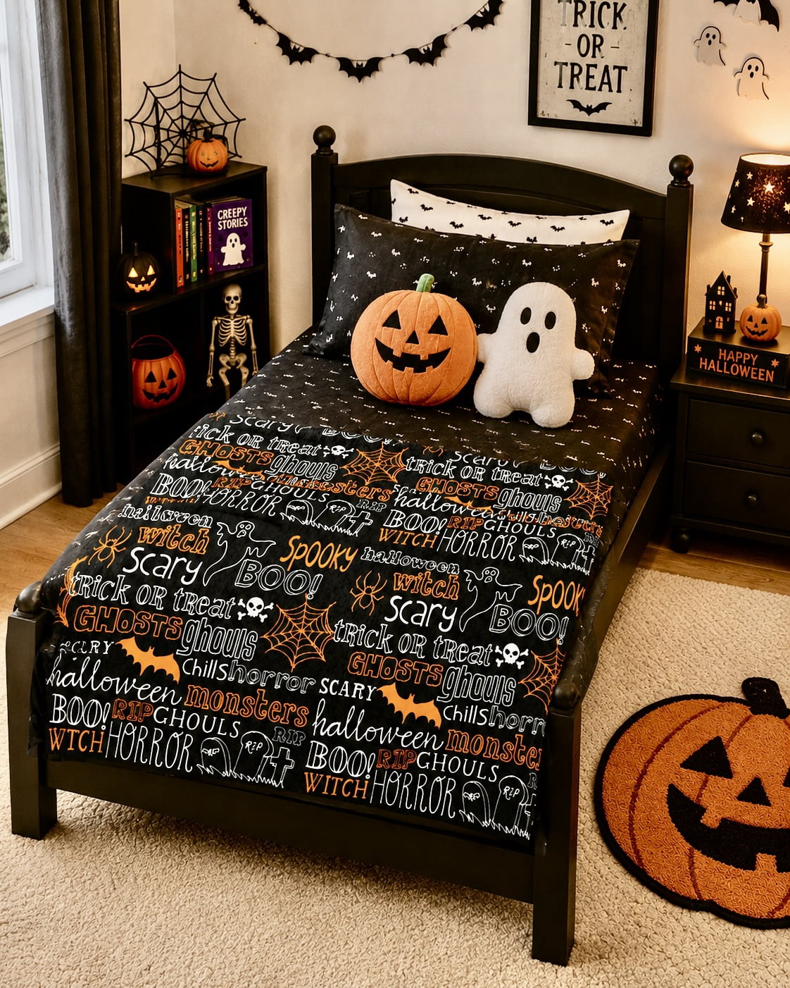 Serafina Home Halloween Throw Blanket: Fuzzy Boo! Jack O'Lantern Spider Webs Skull and Black Cats Print on Velvet Fleece for Sofa Bed Couch Chair Dorm