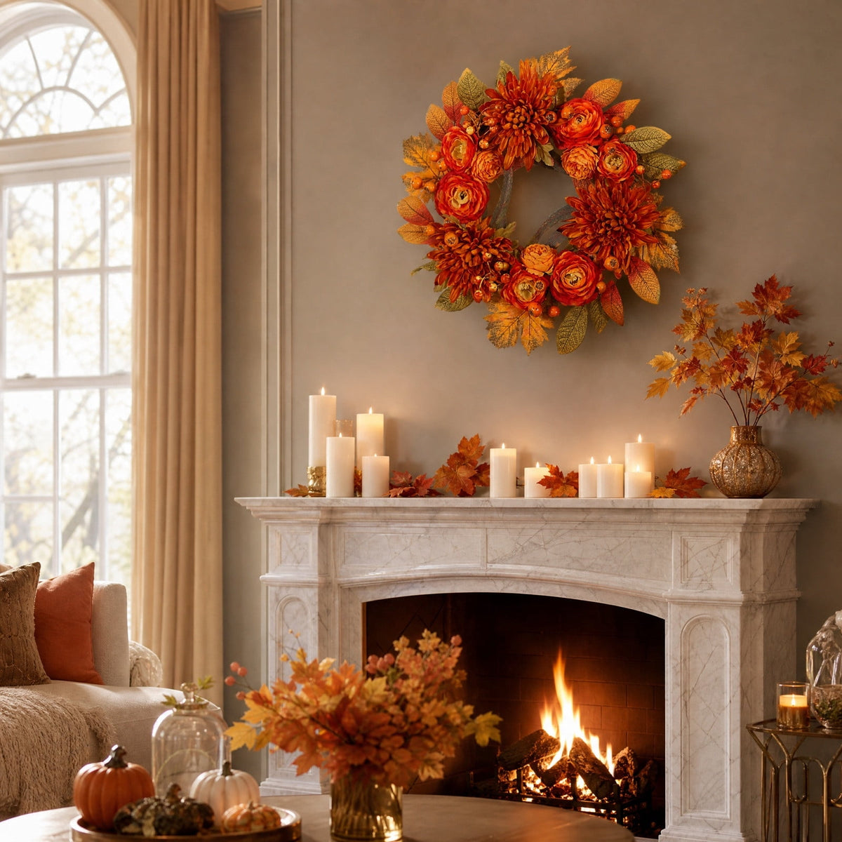HOARBOEG Autumn Harvest Sunflower Wreath, Artificial Pumpkin Maple Leaf Fall Wreath for Front Door, 21.65 in Thanksgiving Wall Hanging Decor, Outdoor Indoor Harvest Decor