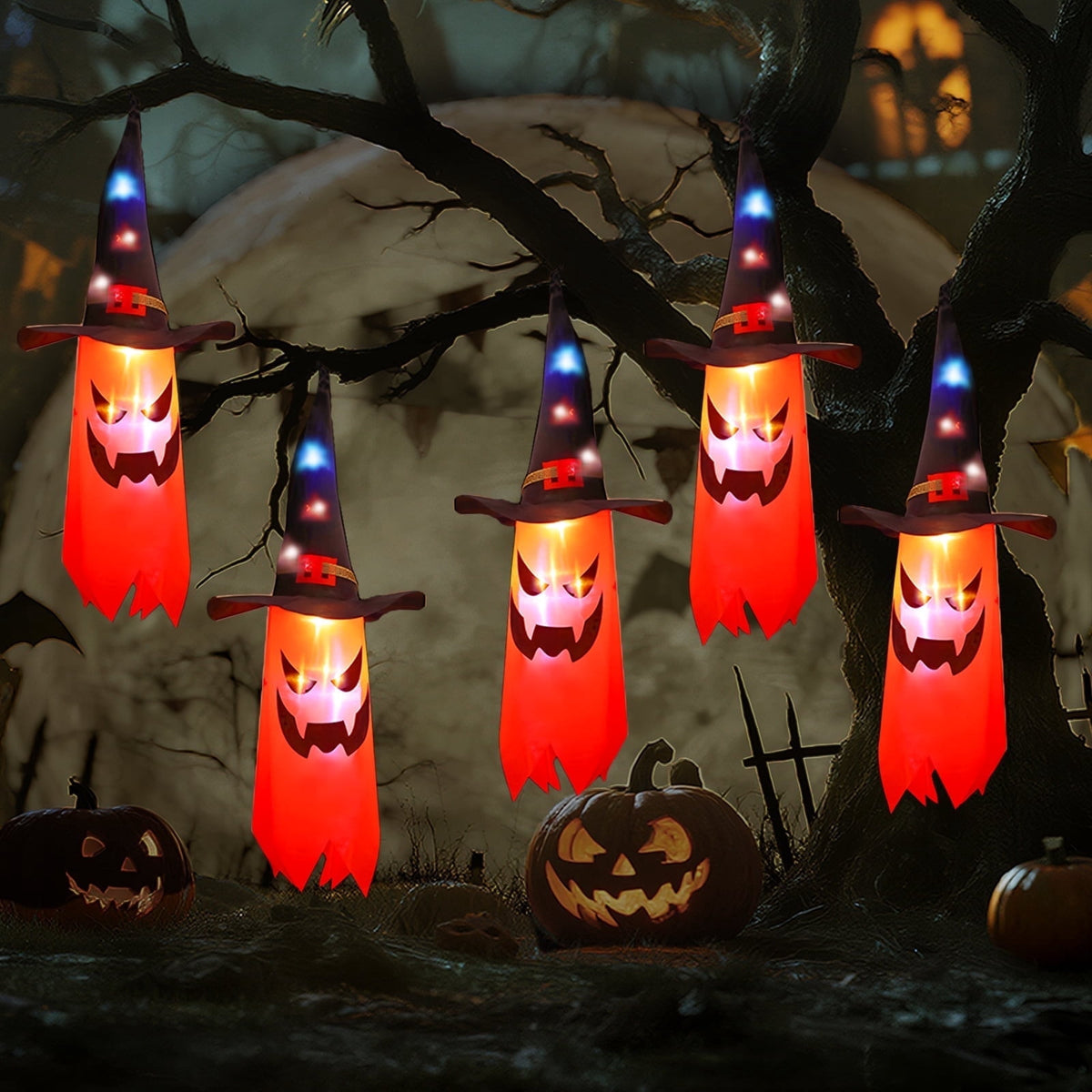 AGCAN Halloween Hanging Ghost Decorations, 2 Pack 19.69" Screaming Ghosts with 3 Lighting Modes for Outdoor Yard Tree Porch Garden Party Holiday Decor
