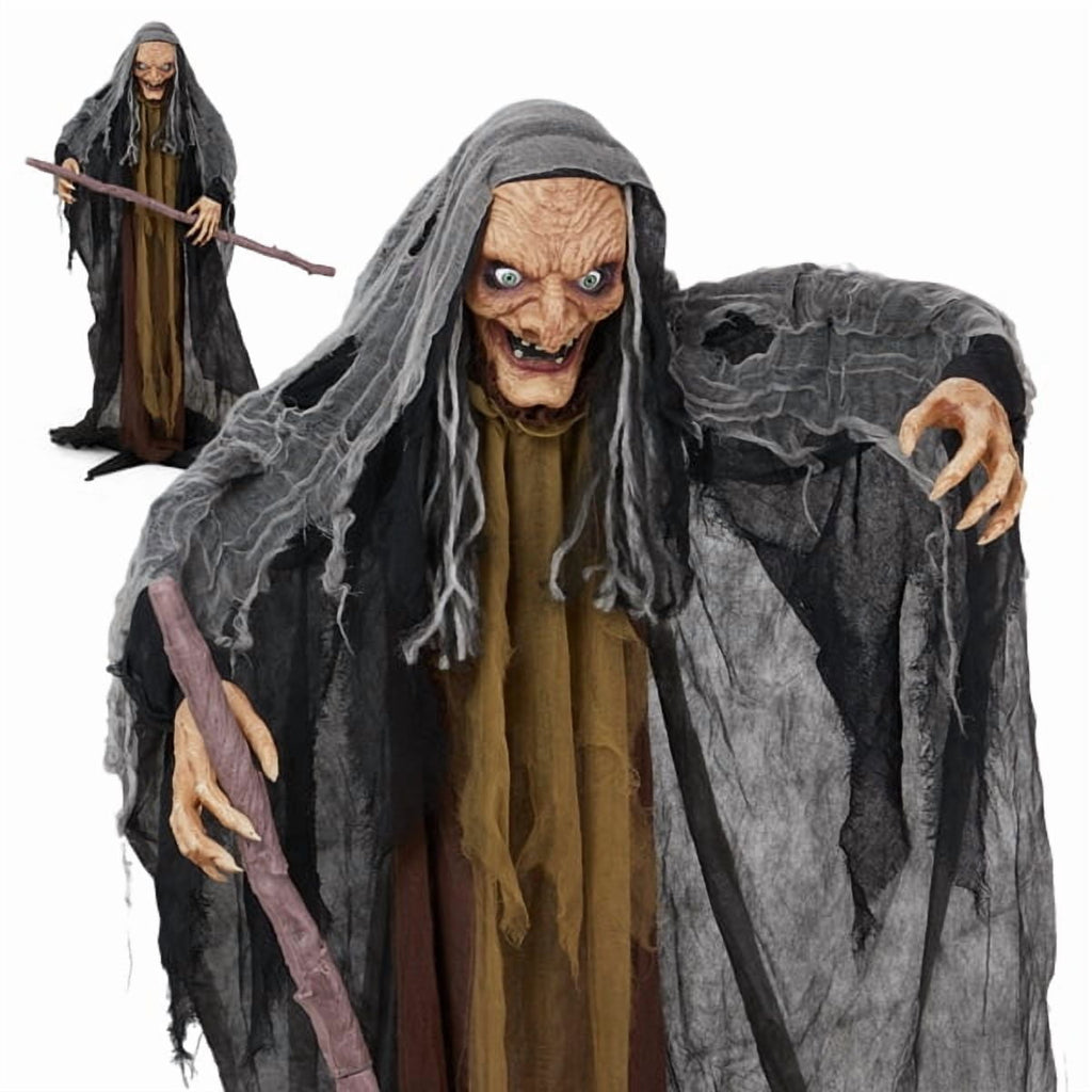 Alvantor Halloween Animated Decorations - 5.3 FT Sensor-Activated Animatronic Witch with Staff, LED Eyes and Swaying Motion