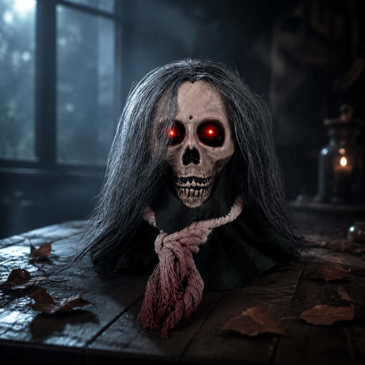 Animated Walking Skull Head with Light-Up Red Eyes Creepy Moving Halloween Prop with Long Grey Hair Horror Music Motorized Resin Decoration for Party Yard Indoor Outdoor Spooky Decor Gift