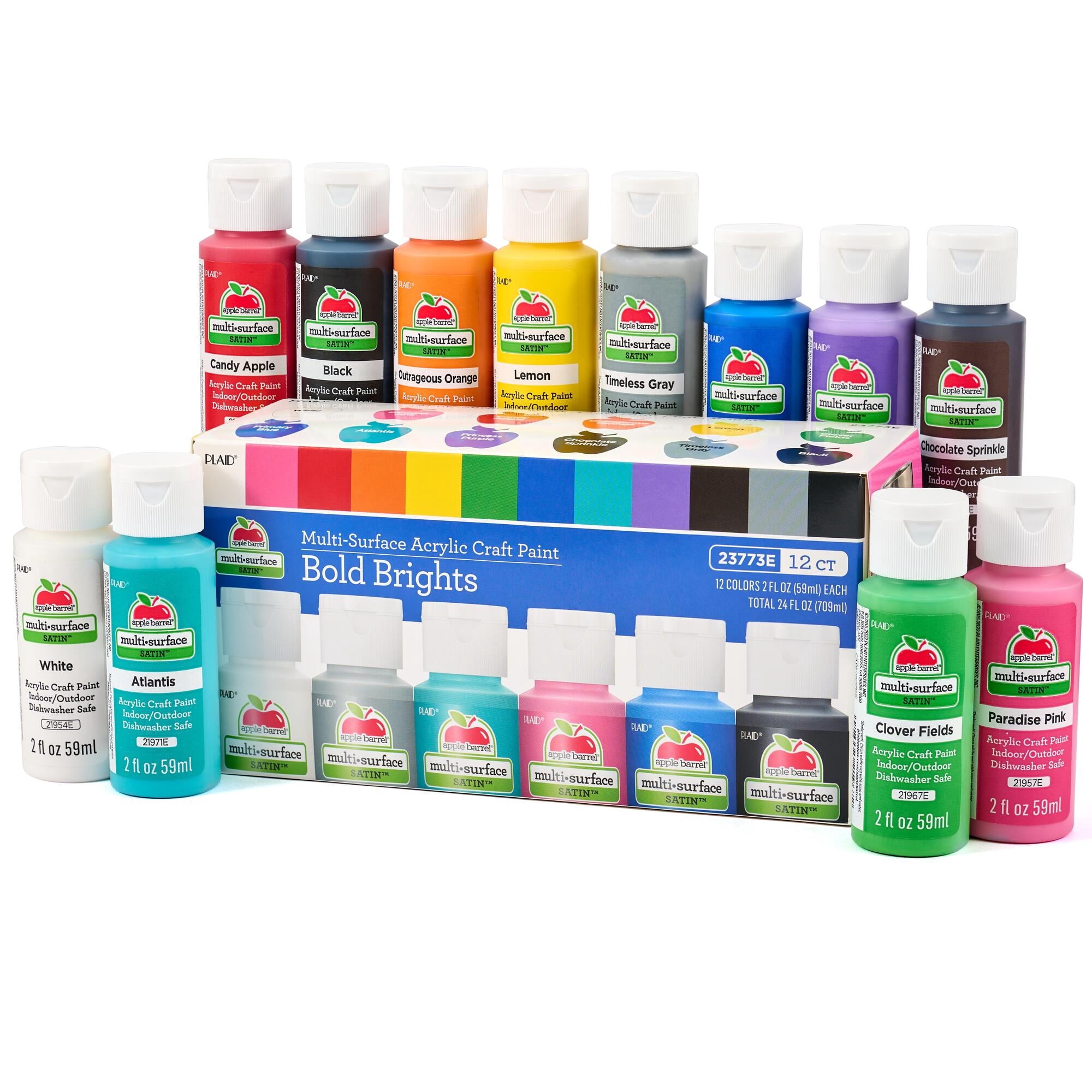 Apple Barrel Multi-Surface Acrylic Craft Paint Set, Bold Brights, 2 fl oz, 12 Piece