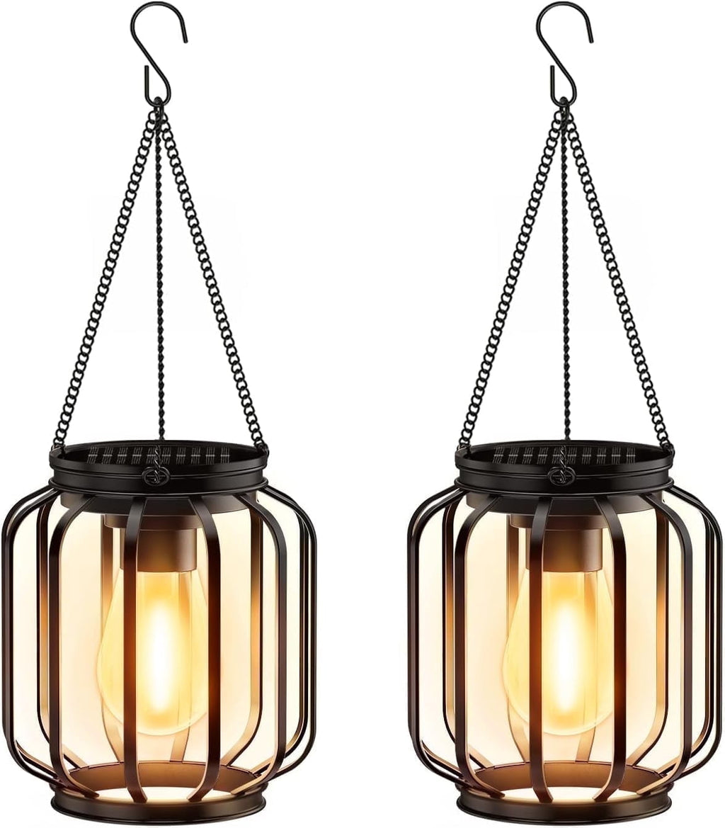 Diigabo 2-Pack Solar Hanging Lanterns Outdoor Metal Waterproof LED Lights with Hook Warm Bright Decorative Lanterns for Yard Garden Patio