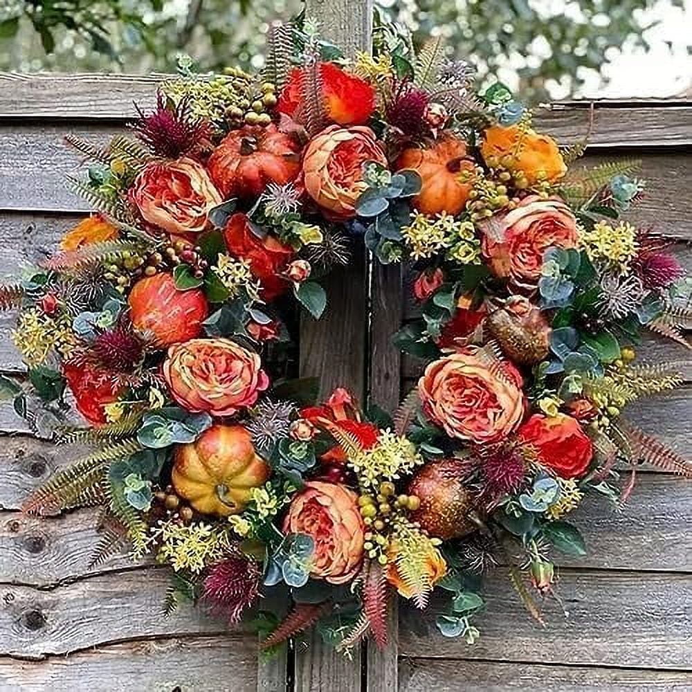 Artificial Fall Wreaths for Front Door Rustic Autumn Wreath with Pumpkin,Rose,Berry Branchesm,Mixed Leaves Thanksgiving Wreath Fall Door Wreath for Halloween Thanksgiving Indoor Outdoor Decor (B17.7)