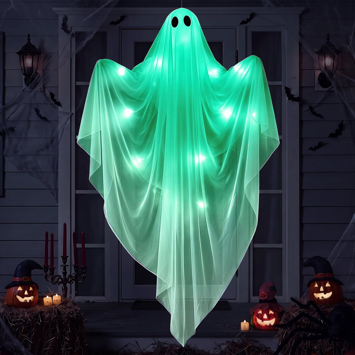 Ayieyill Halloween Ghost Decor with Warm White LED Light, 47” Light up Hanging Ghost Halloween Yard Porch Decorations Outdoor