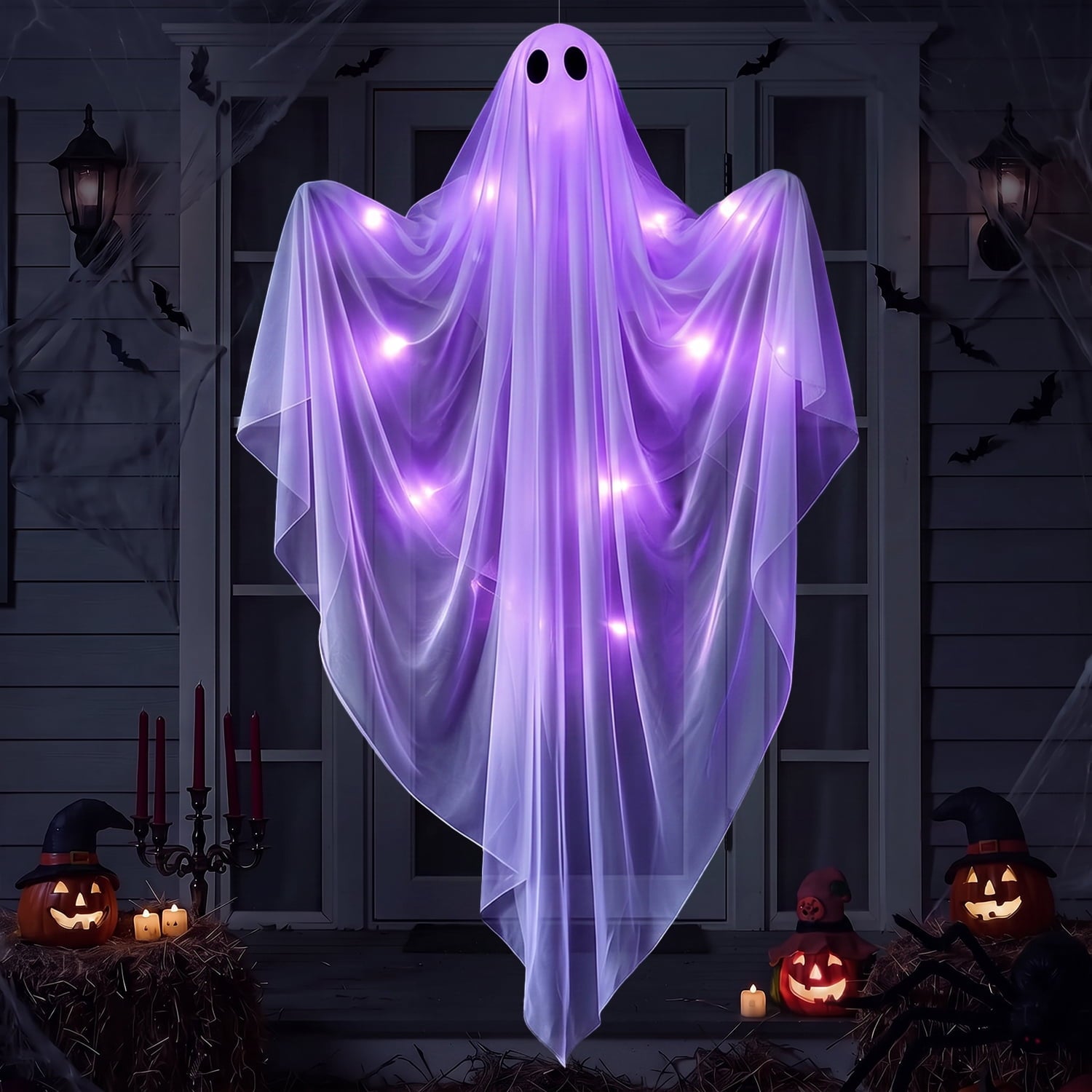 Ayieyill Halloween Ghost Decor with Warm White LED Light, 47” Light up Hanging Ghost Halloween Yard Porch Decorations Outdoor