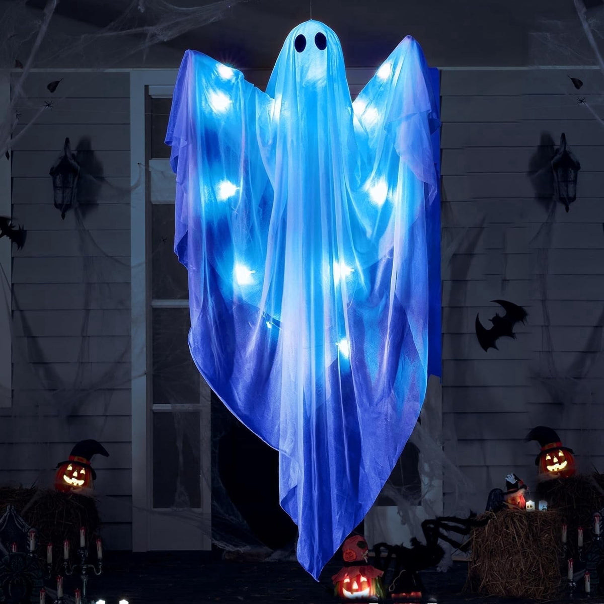 Ayieyill Halloween Ghost Decor with Warm White LED Light, 47” Light up Hanging Ghost Halloween Yard Porch Decorations Outdoor