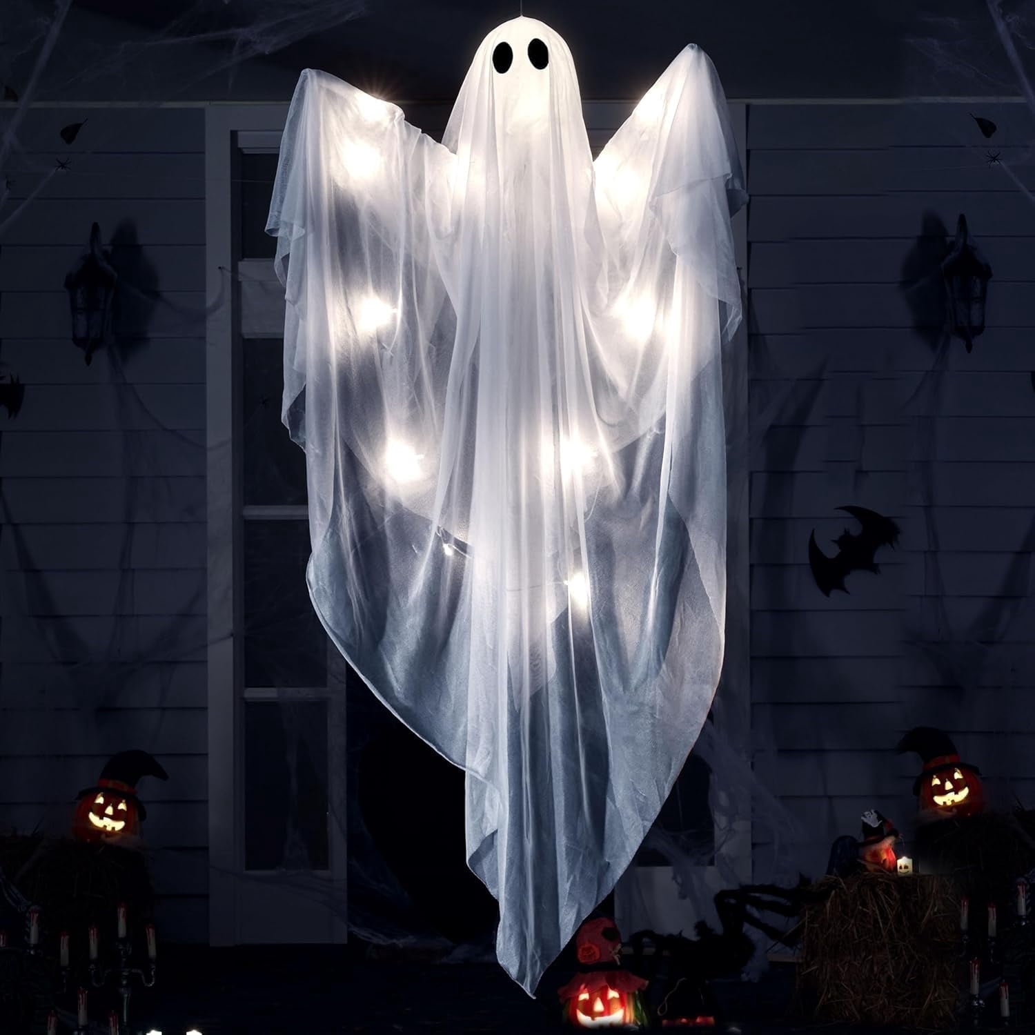 Ayieyill Halloween Ghost Decor with Warm White LED Light, 47” Light up Hanging Ghost Halloween Yard Porch Decorations Outdoor