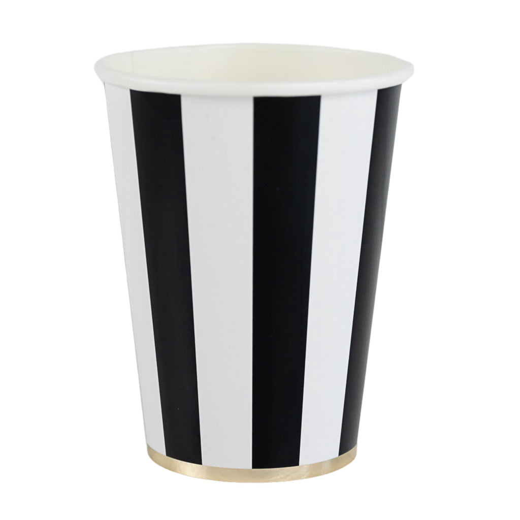 Bonjour Fête Black Stripe Paper Party Cups, Disposable Party Supplies, 8 Count, 12 Oz, Birthday, Halloween, New Years Eve